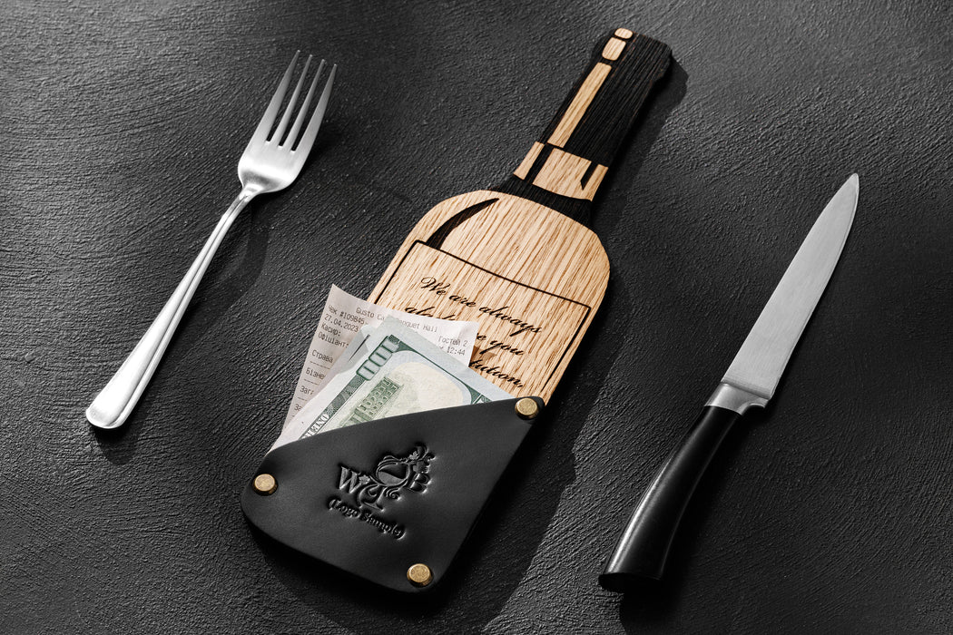 Tasting room check holder made from oak and leather