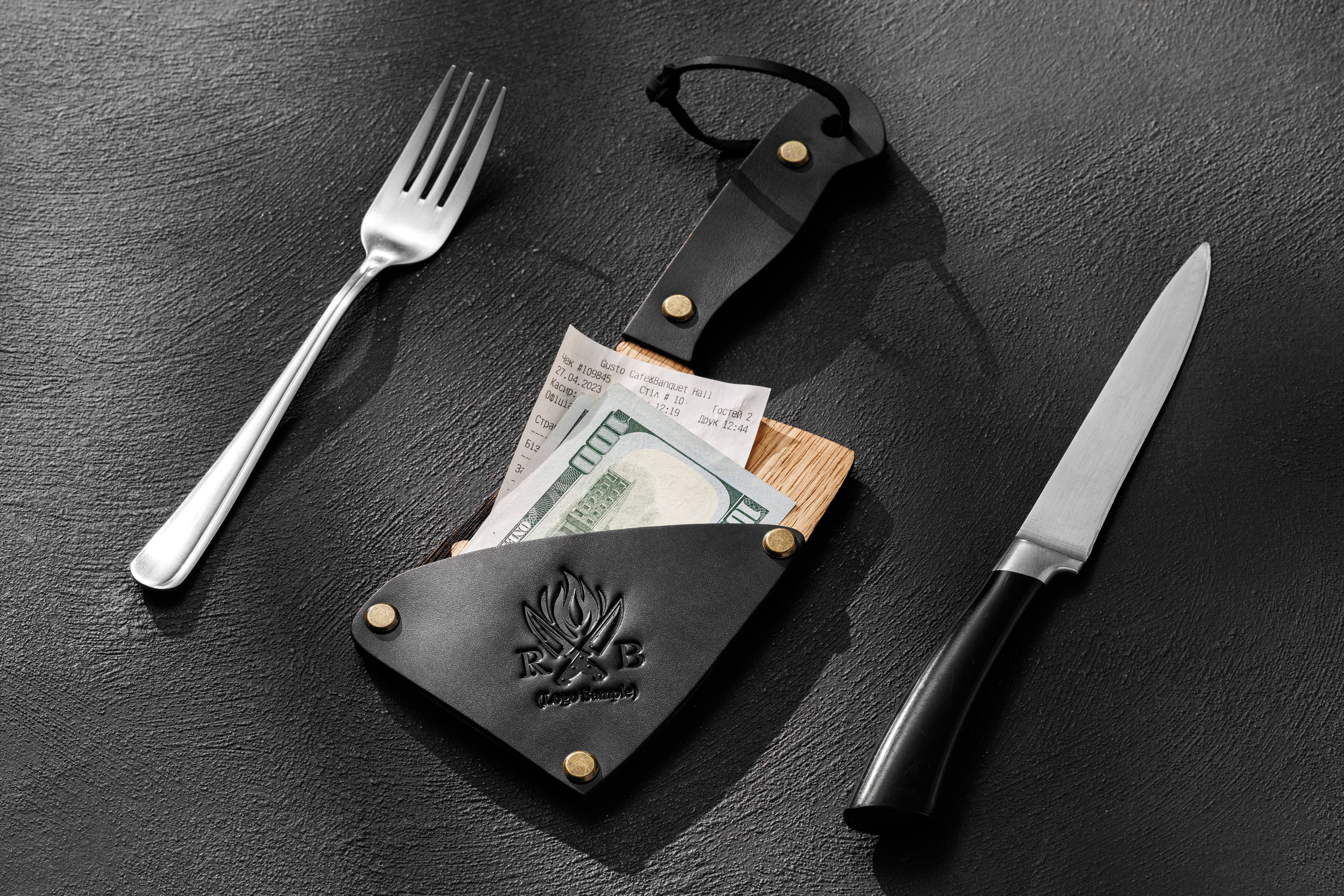Rustic wood and leather BBQ check presenter