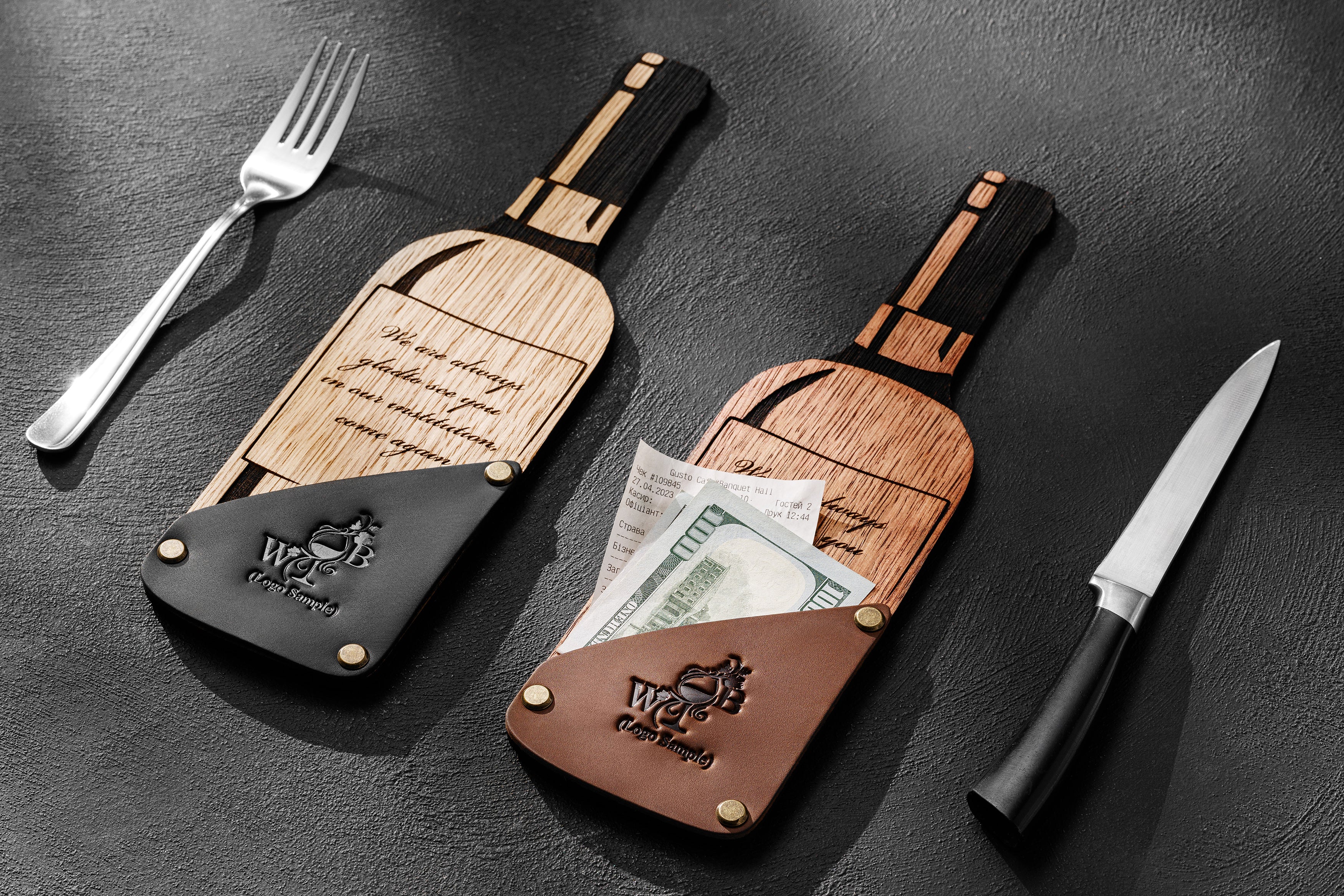 Dark leather wine check folder with engraving