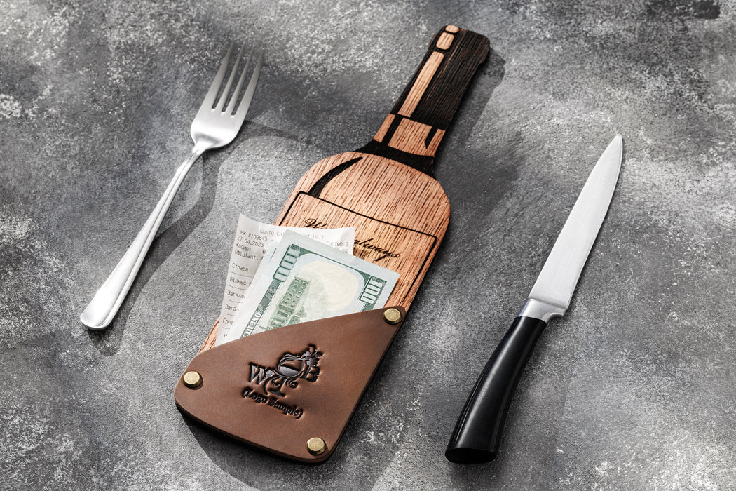 Sophisticated bottle-shaped bill folder on gray surface