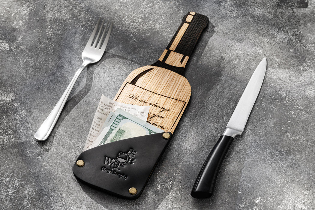 Leather restaurant check holder with brass rivets