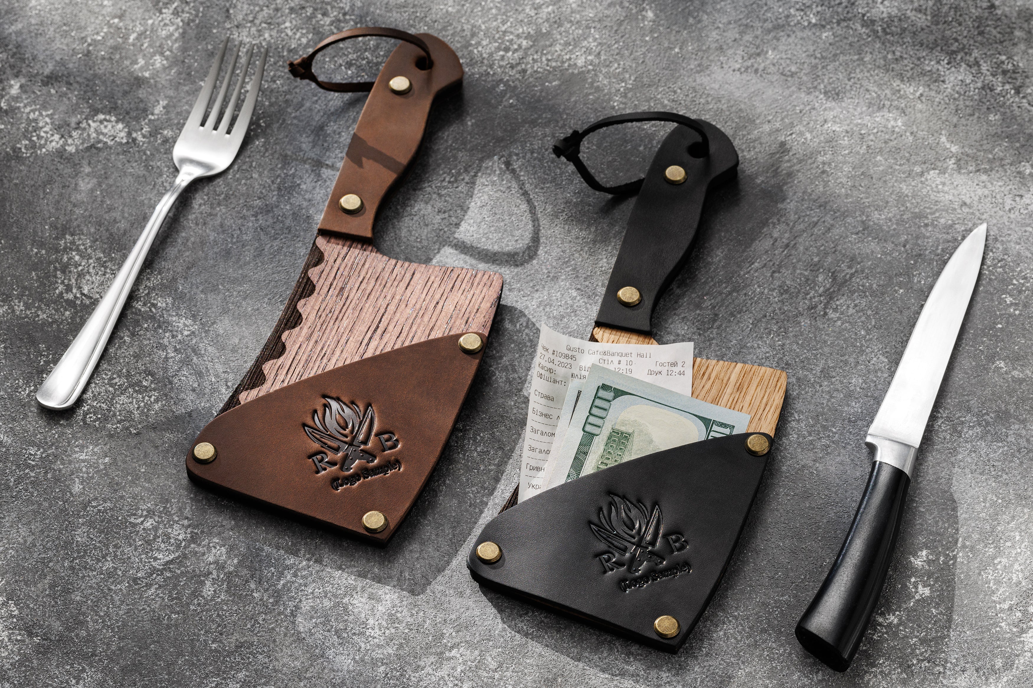 Leather and wood check presenter shaped like a chef knife