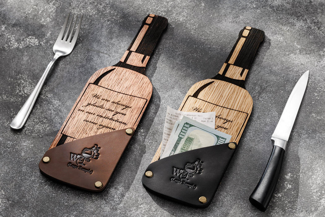 Wine bottle shaped check presenter with fork and knife