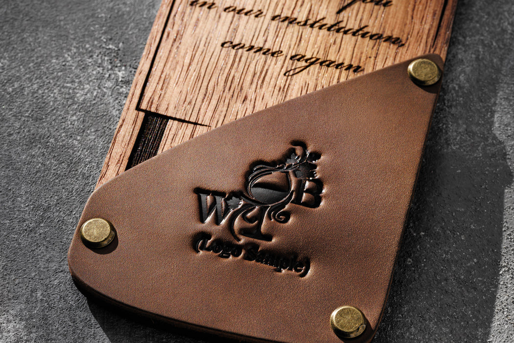 Receipt and cash inside wood wine-shaped presenter