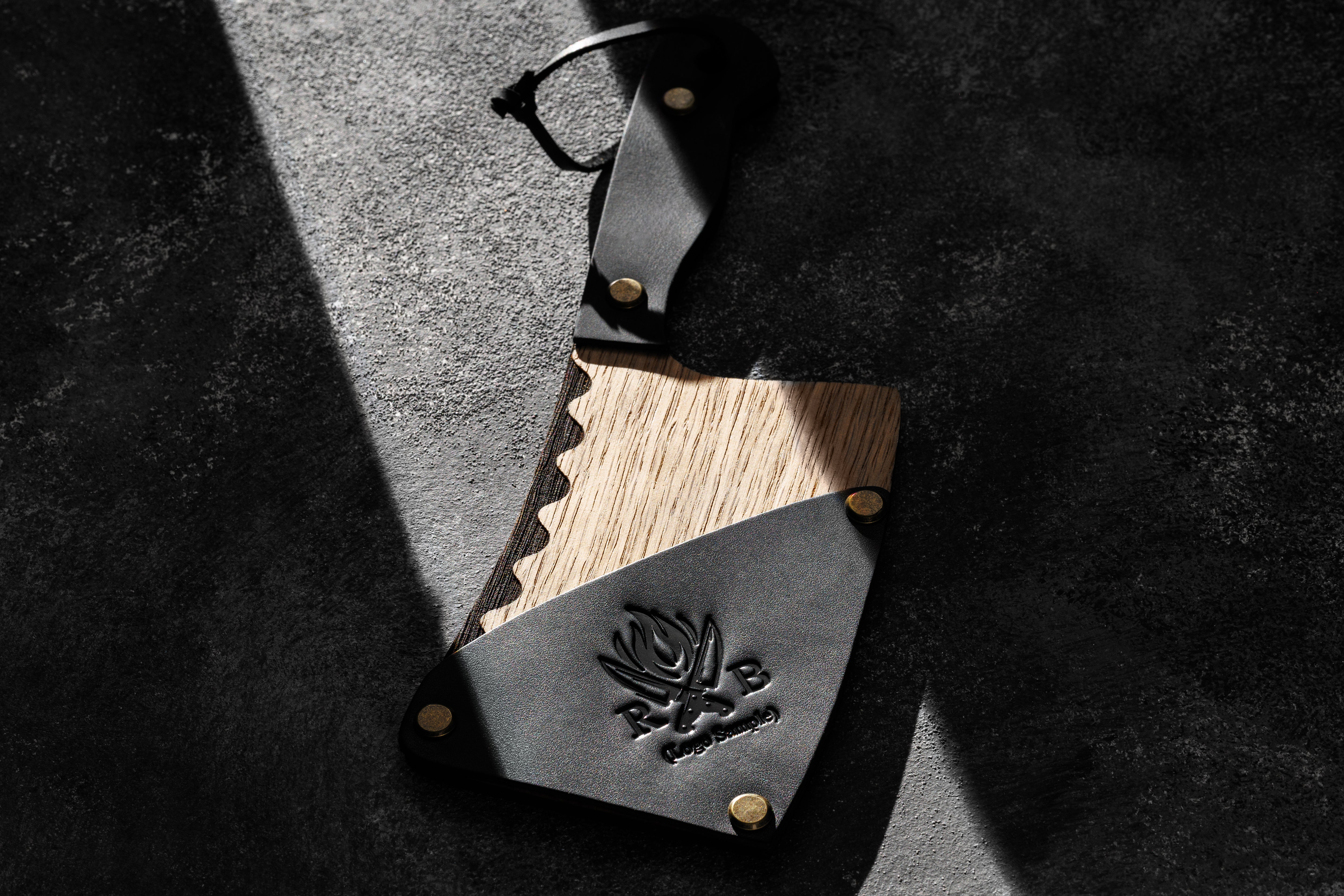 BBQ themed check holder made from oak and leather