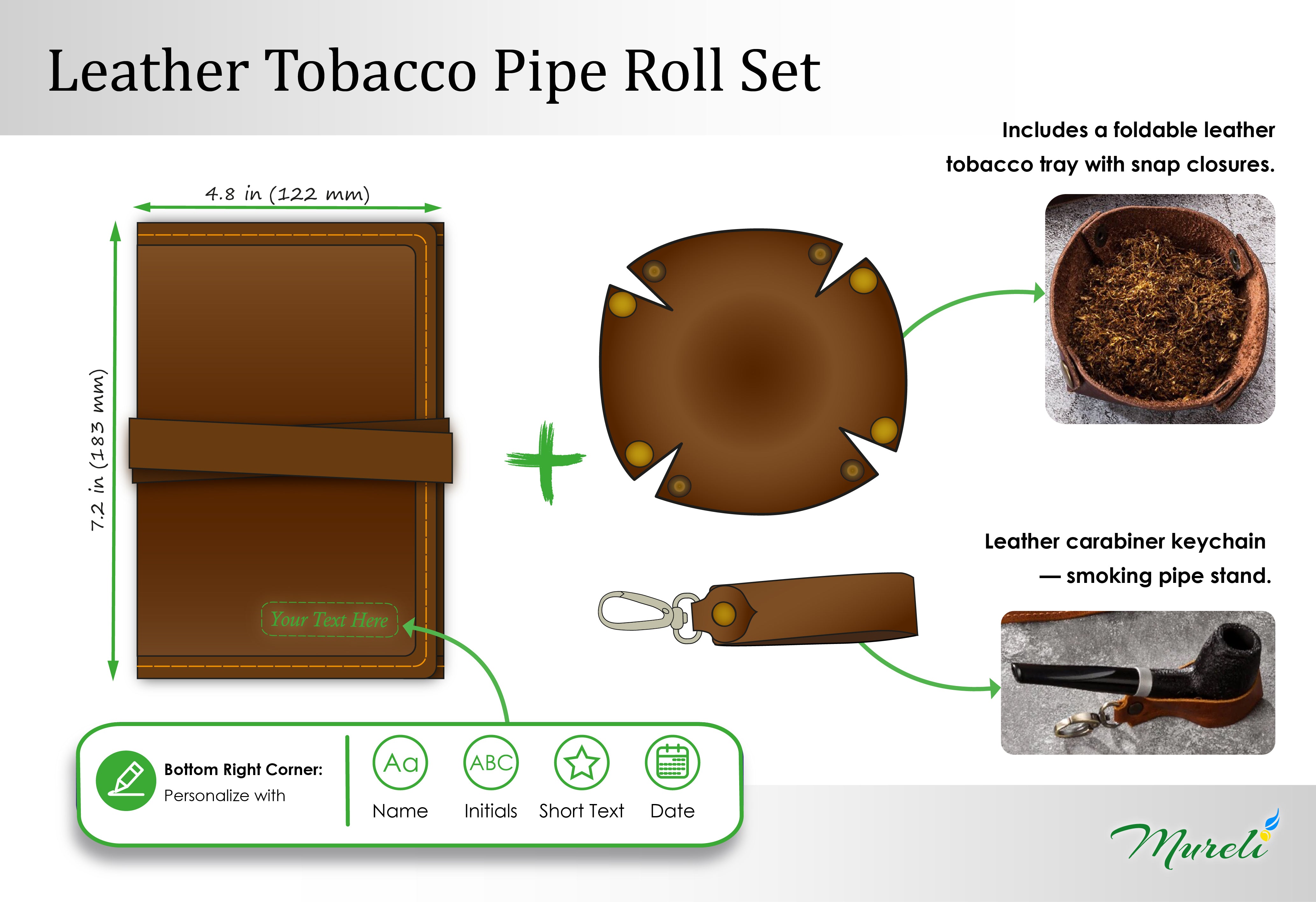 Brown leather tobacco pipe roll set dimensions and compartment layout infographic