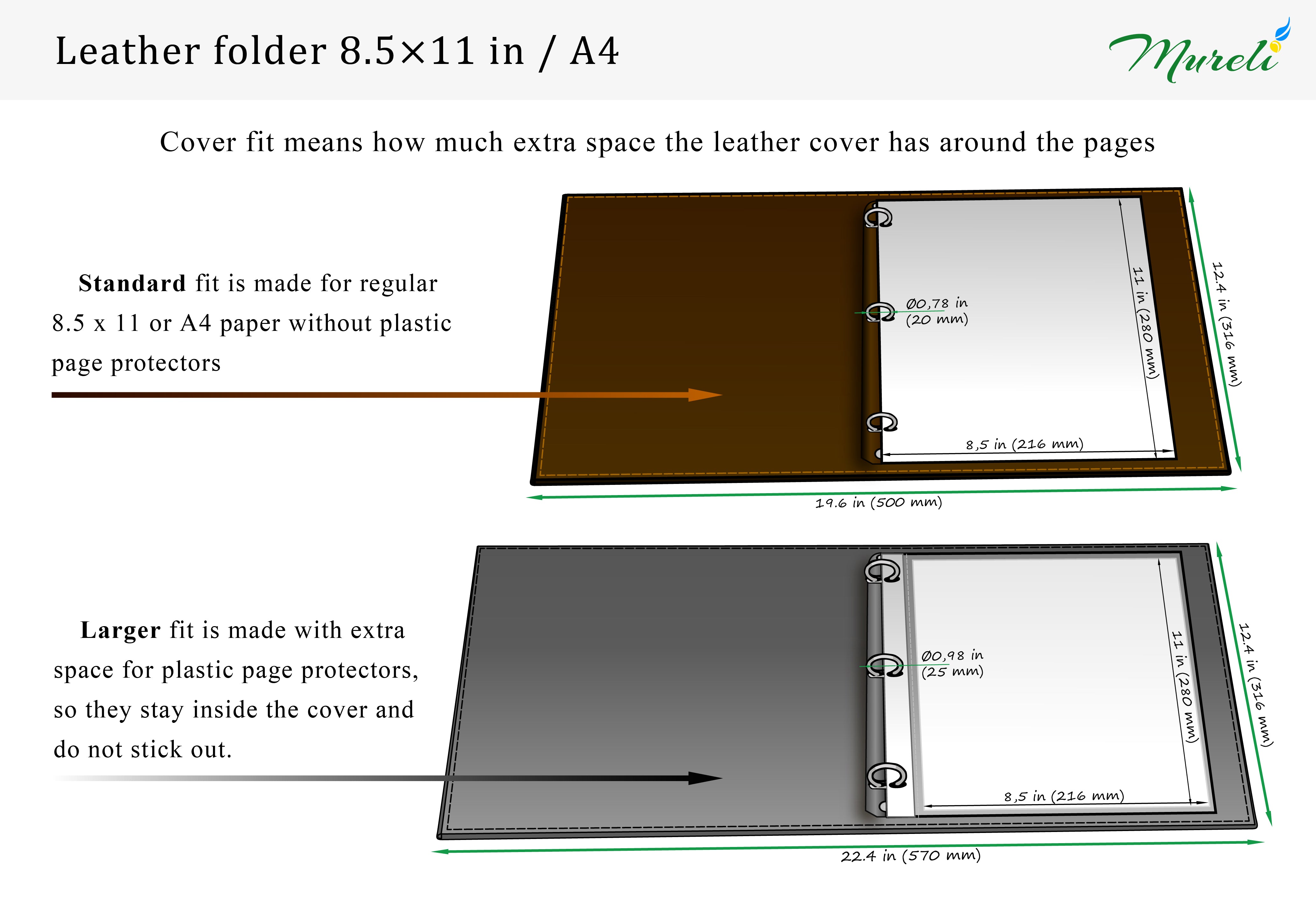 Personalized Green Leather 3-Ring Binder for A4 and Letter Size with Two Cover Fit Options | Mureli