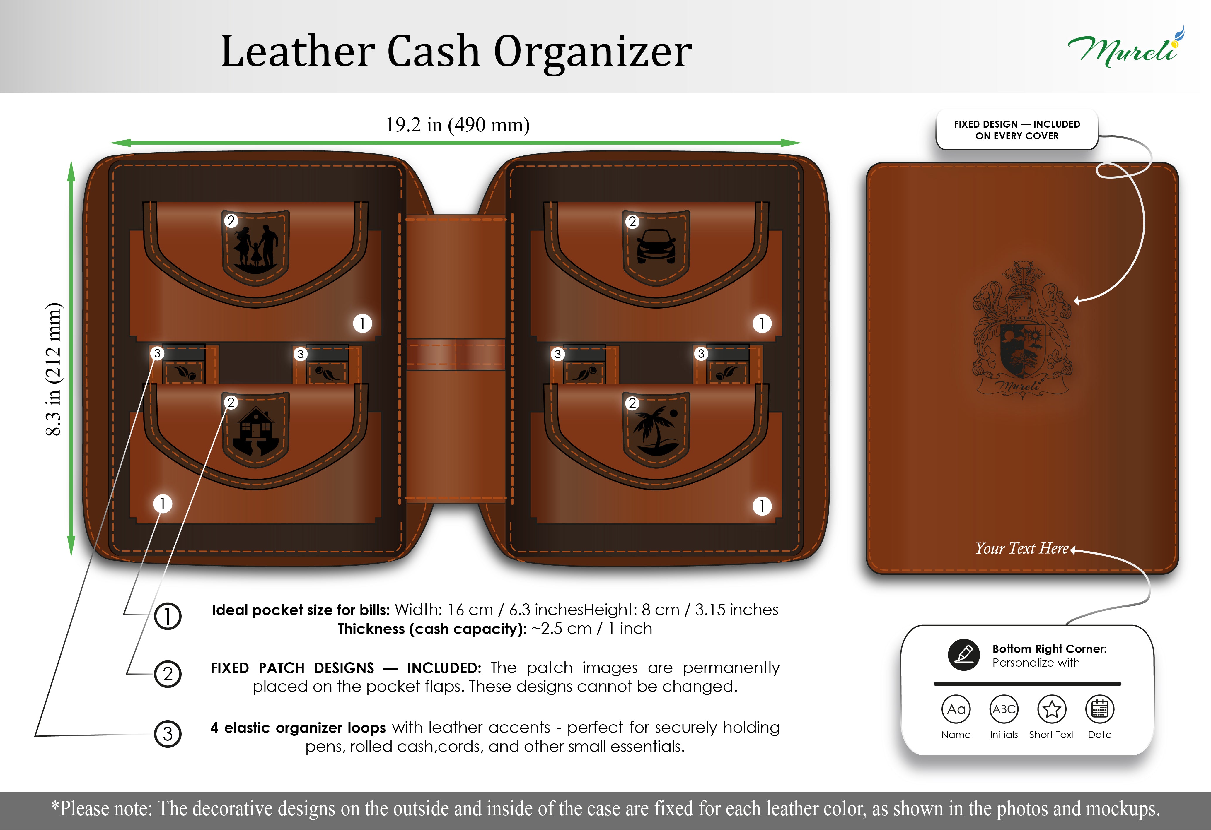 Camel leather cash organizer size guide showing four bill pockets, elastic loops and personalization location