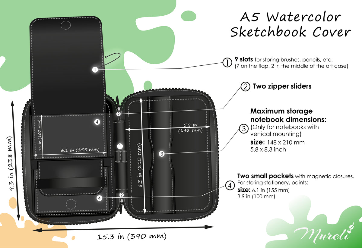 Black Floater Leather Artist Organizer for A5 Sketchbooks & Art Supplies, Personalized Travel Case | Mureli