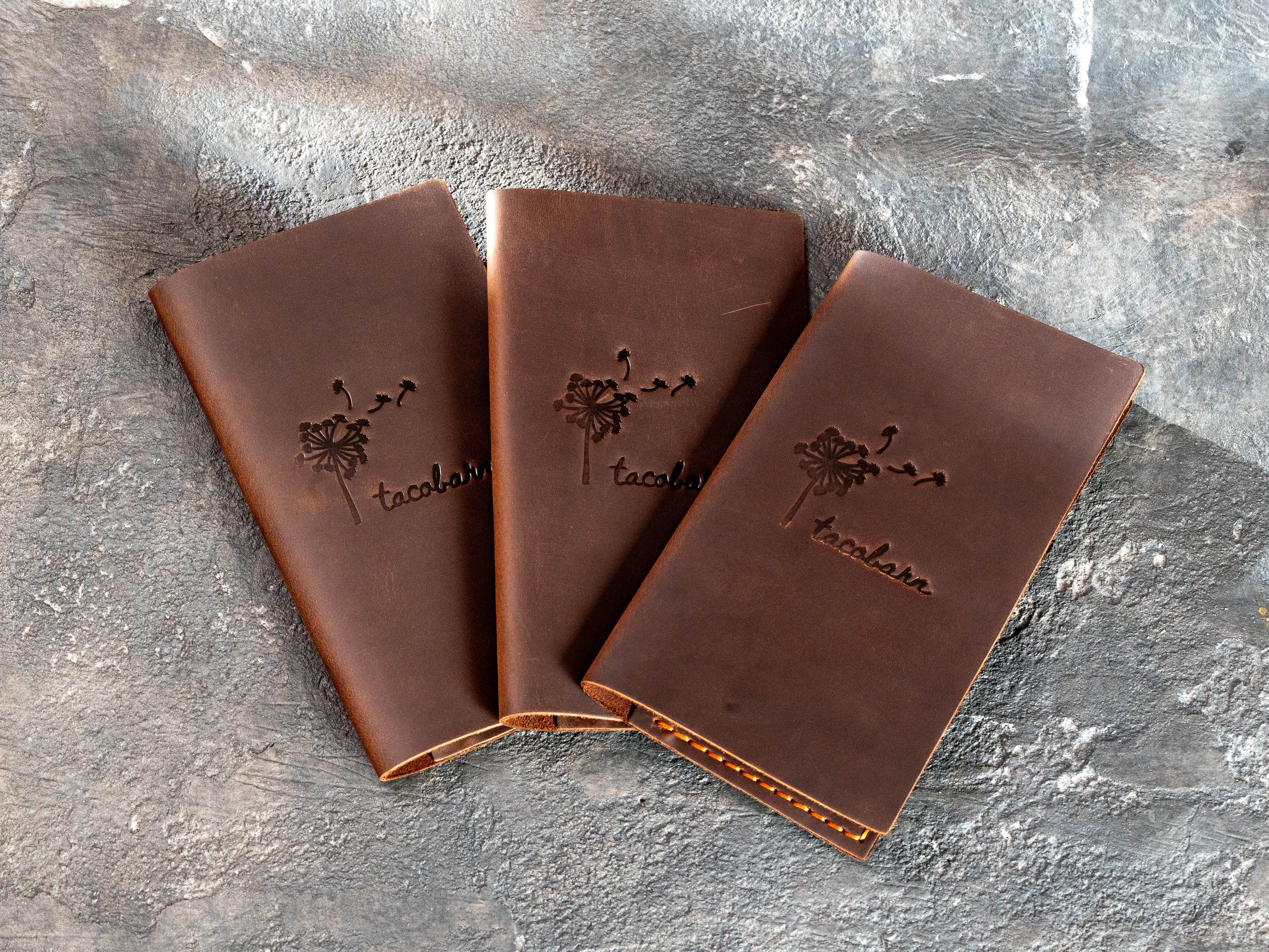 closed brown leather check presenters branded with Taco Bar dandelion artwork