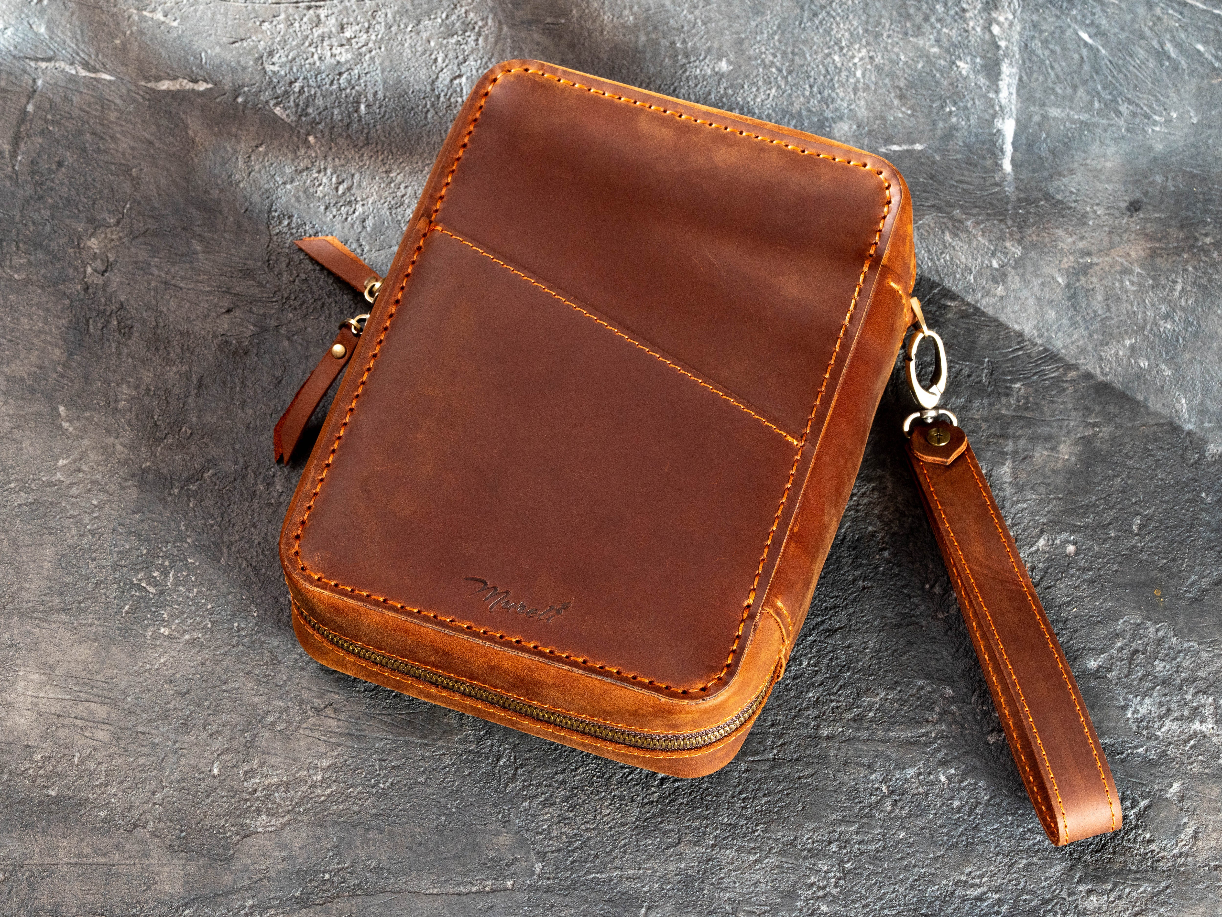 Copper Crazy Horse Leather Travel Cigar Case with Wrist Strap and Optional Personalization | Mureli