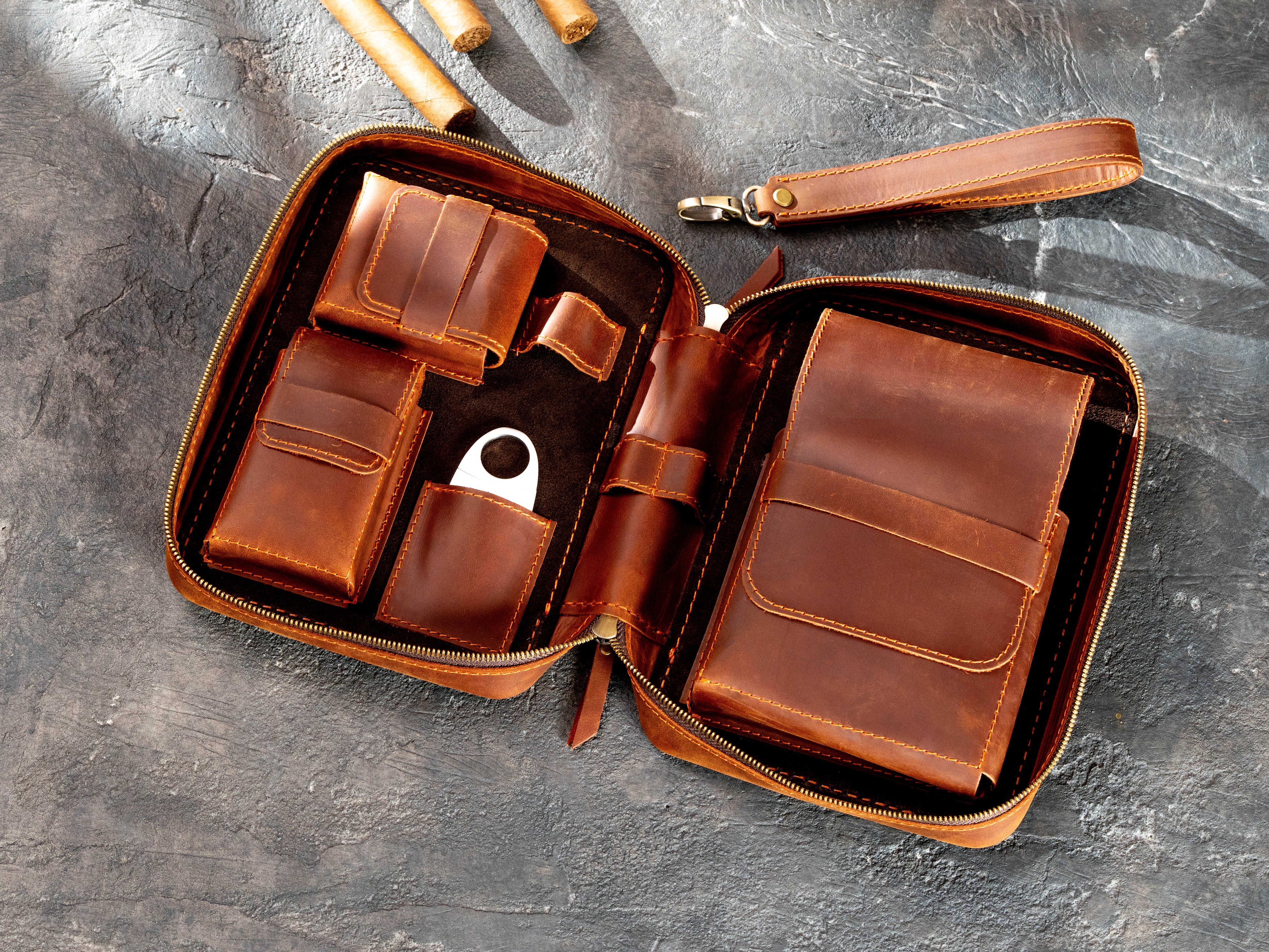 Copper Crazy Horse Leather Travel Cigar Case with Wrist Strap and Optional Personalization | Mureli