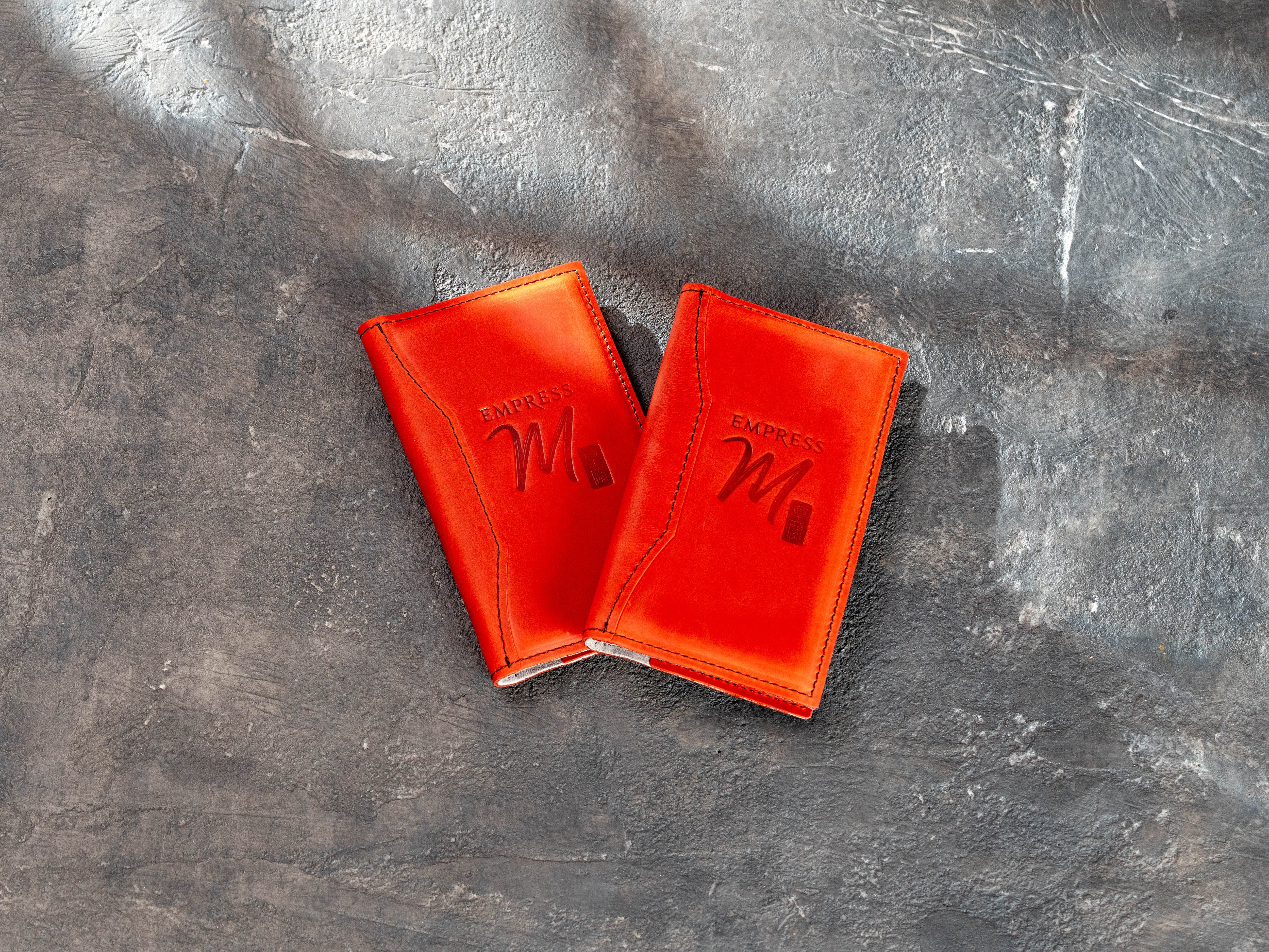 Custom Red Leather Check Presenter with Card Pocket and Pen Loop | Restaurant Bill Holder Design No. 5 | Mureli