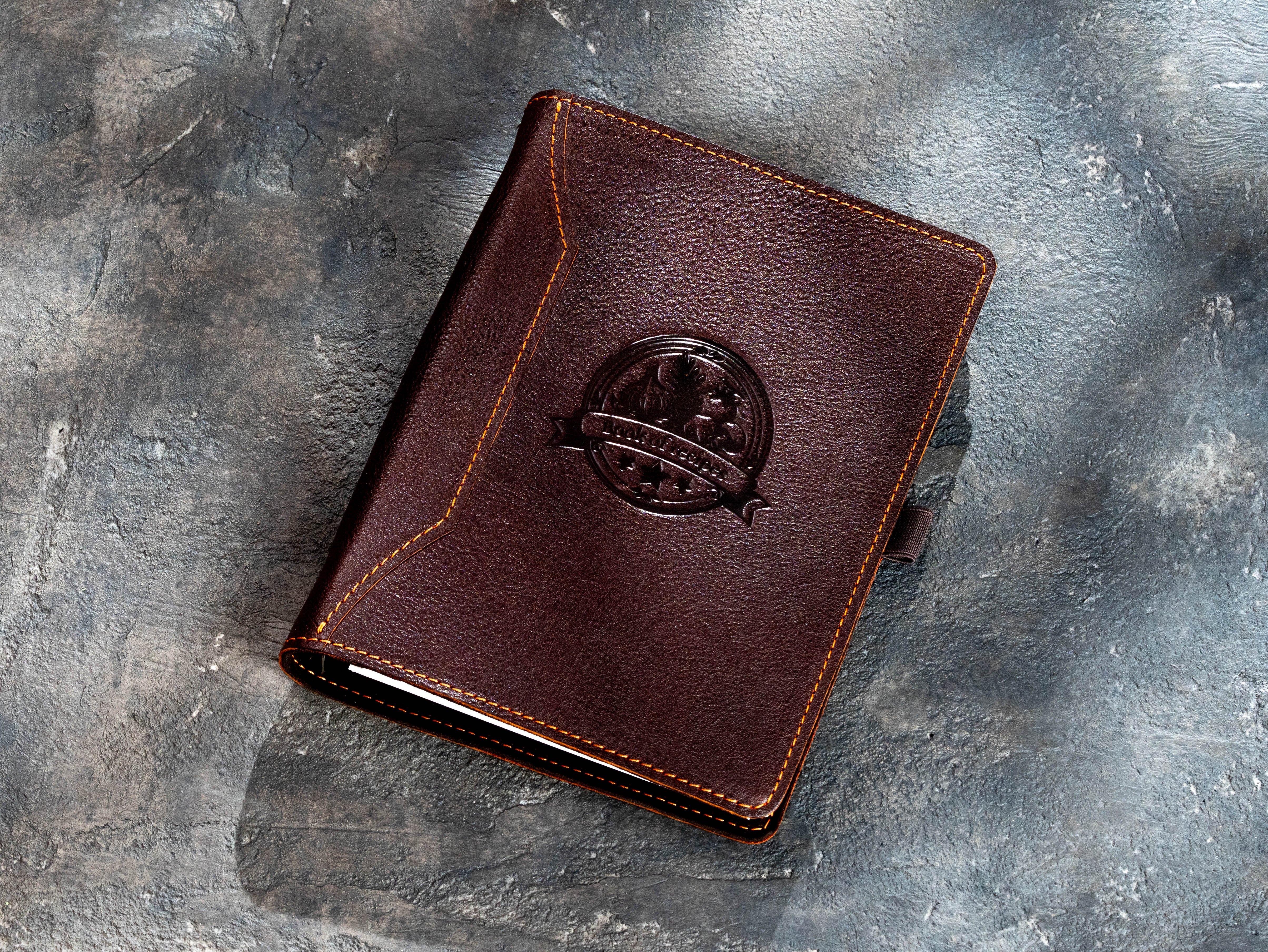 Dark brown leather A5 recipe binder with embossed Recipes Design No. 2