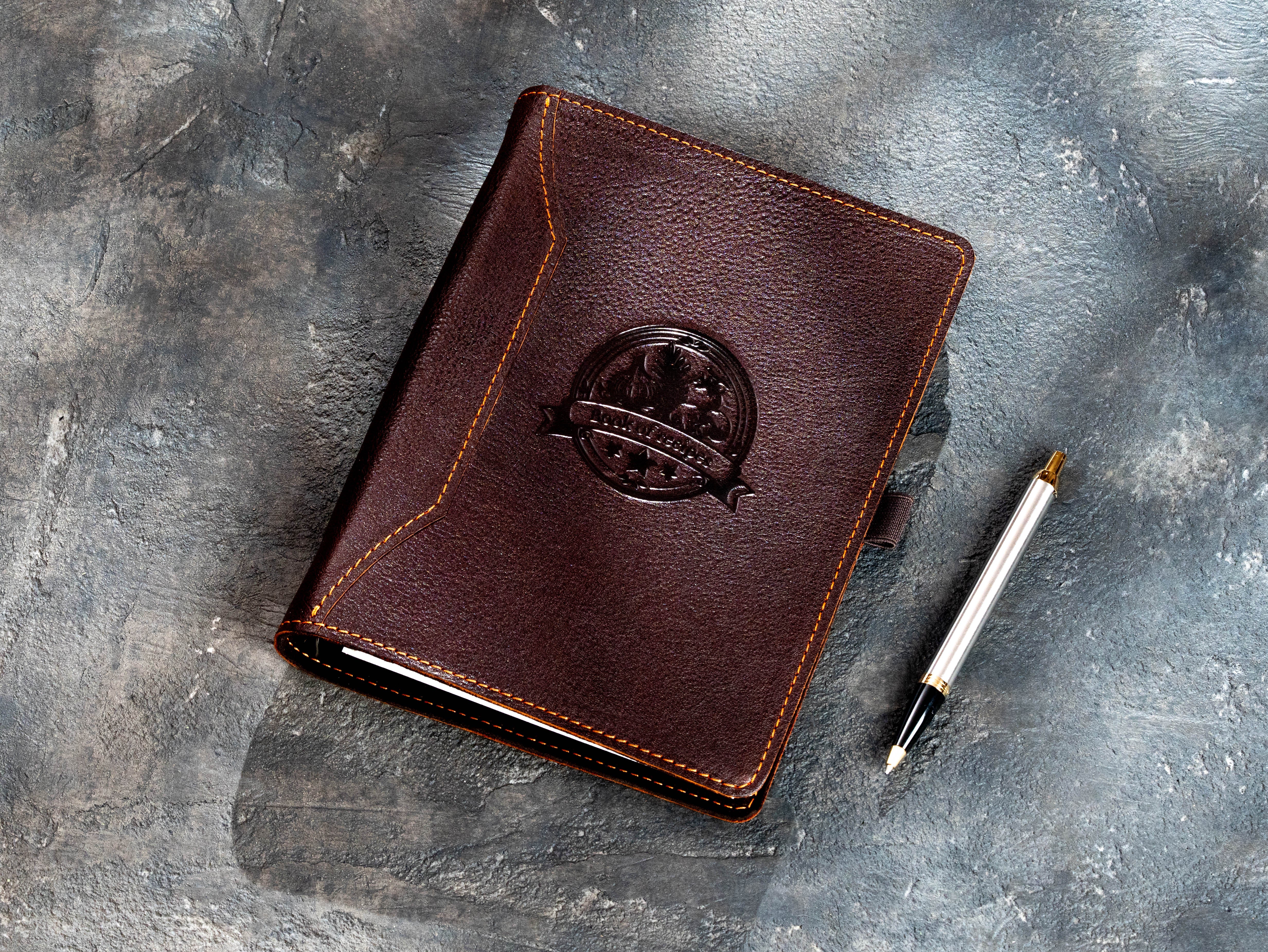 Dark brown leather recipe organizer with bowl and kitchen utensils embossing 2