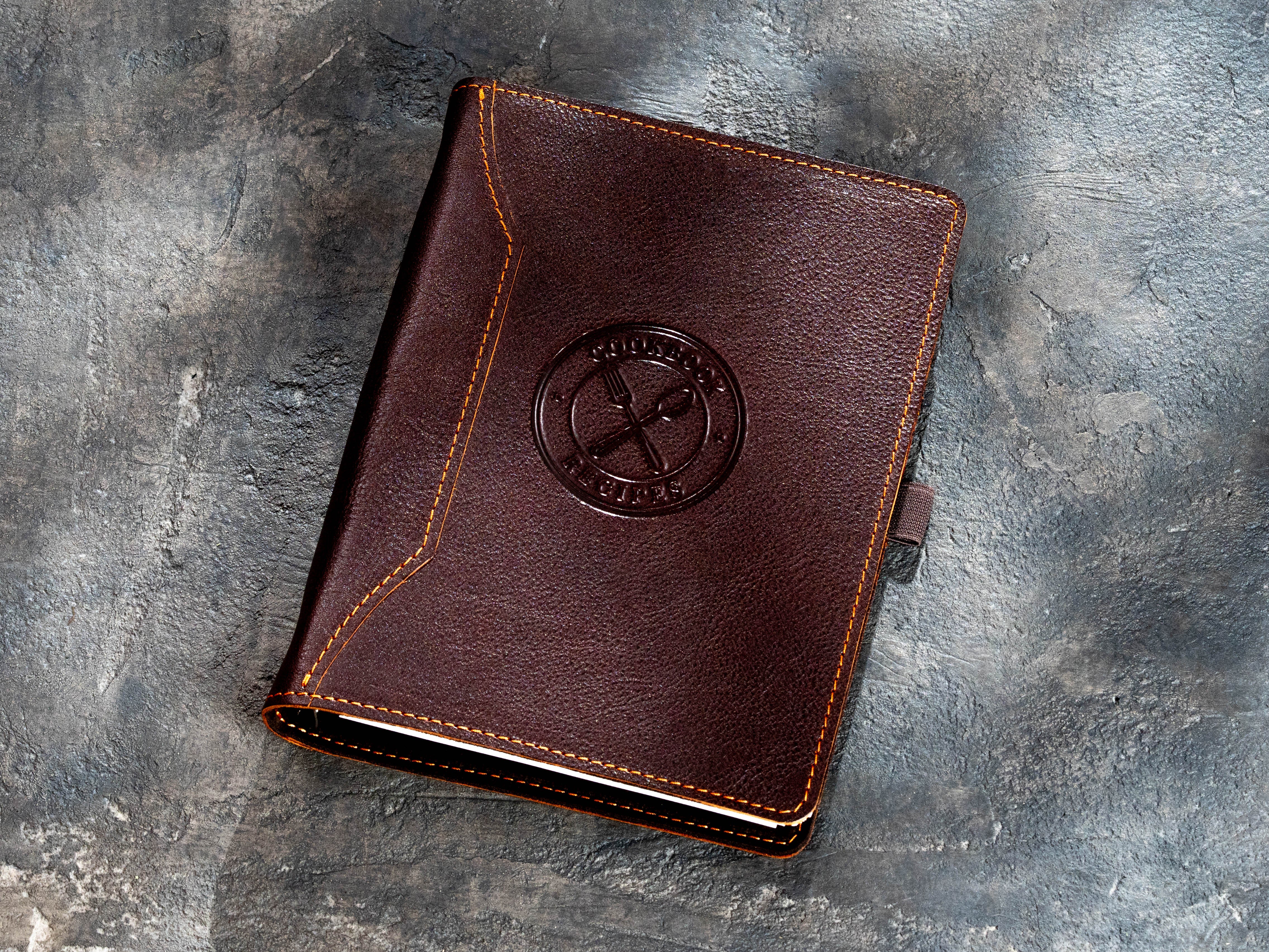 Dark brown leather A5 recipe binder with embossed Cookbook Recipes Design No. 3
