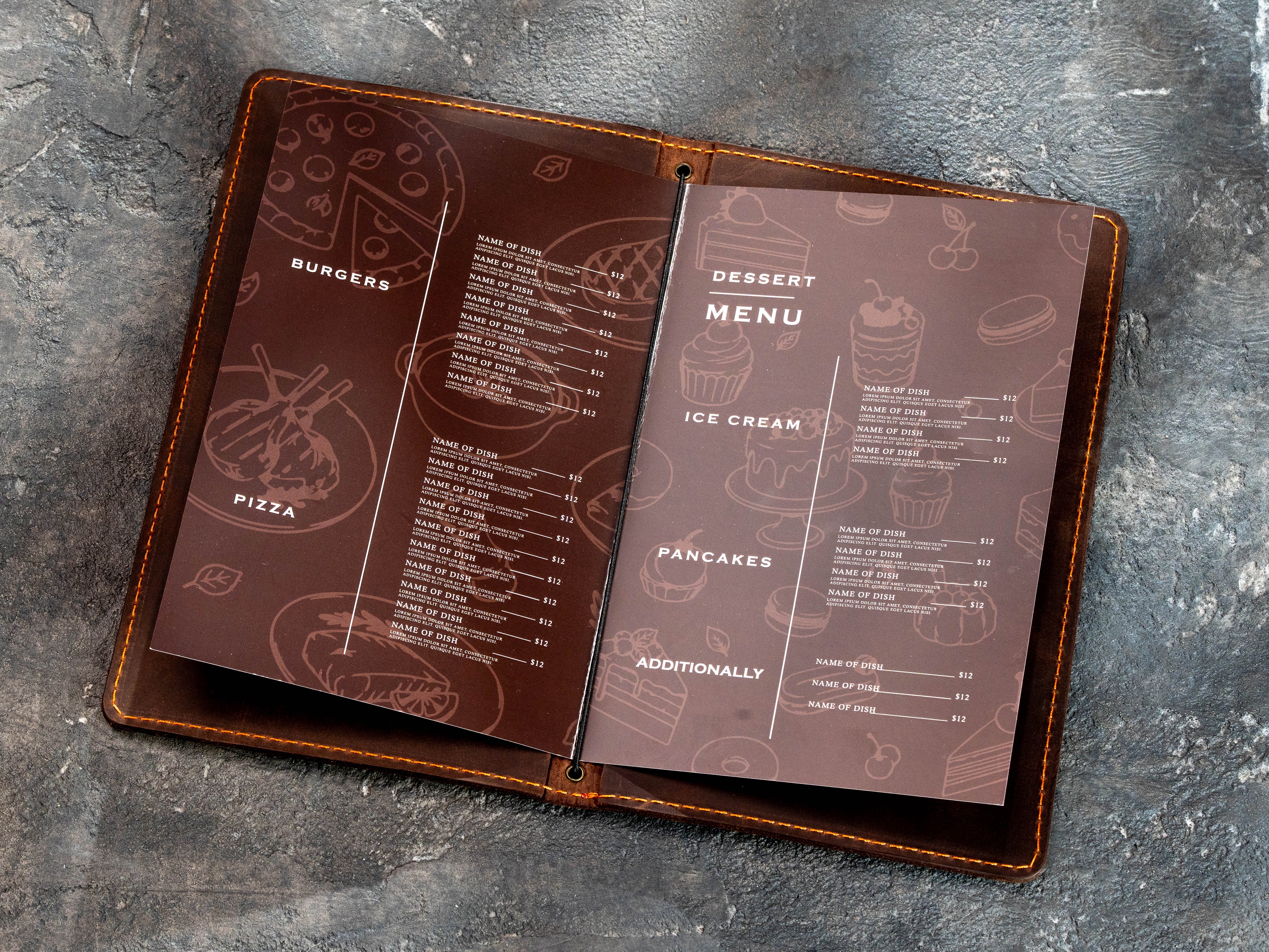 Chocolate Brown Leather Food Menu Cover with Elastic Cord | Mureli