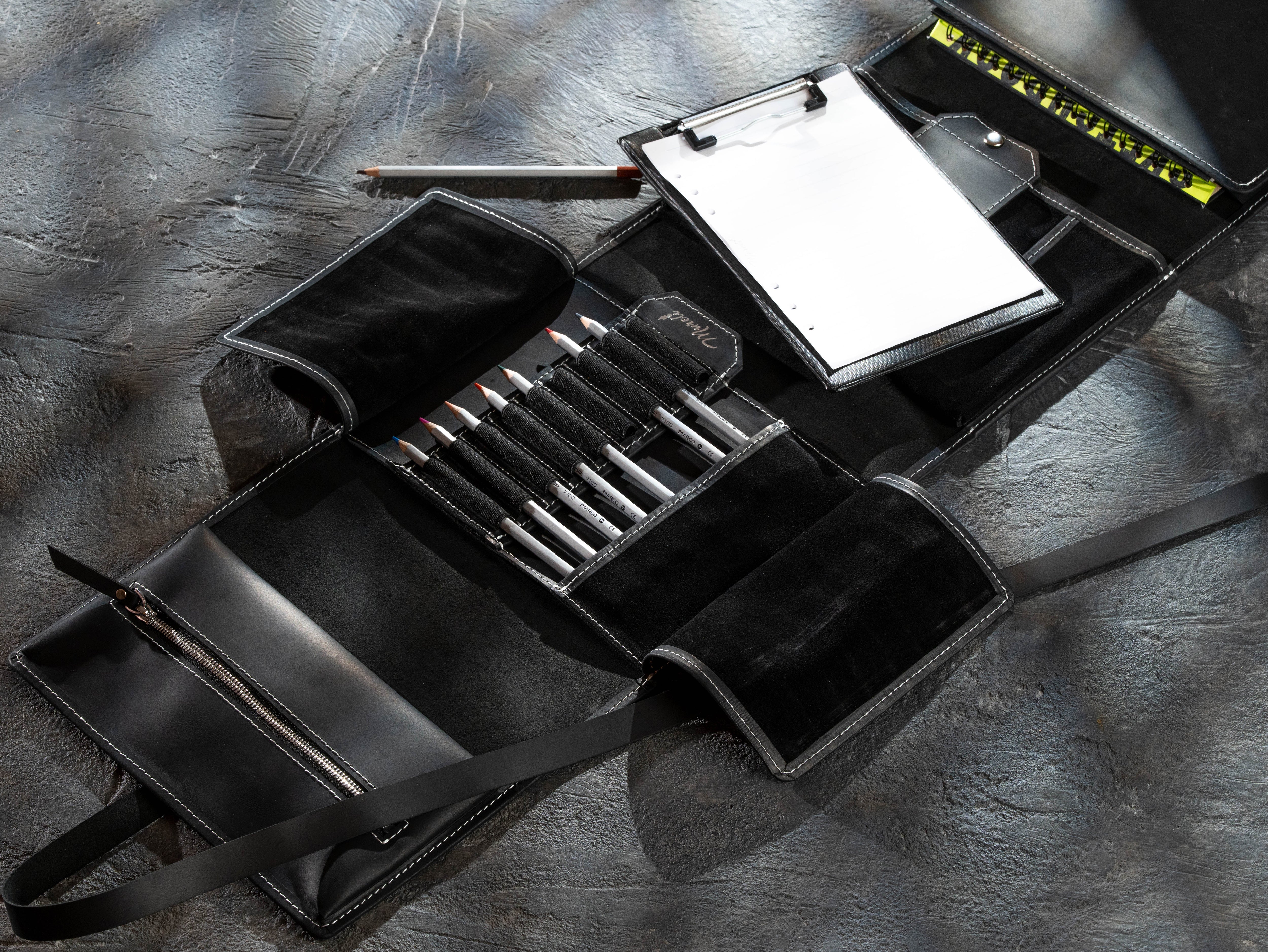 Black leather artist workstation with open pencil section and removable A5 clipboard