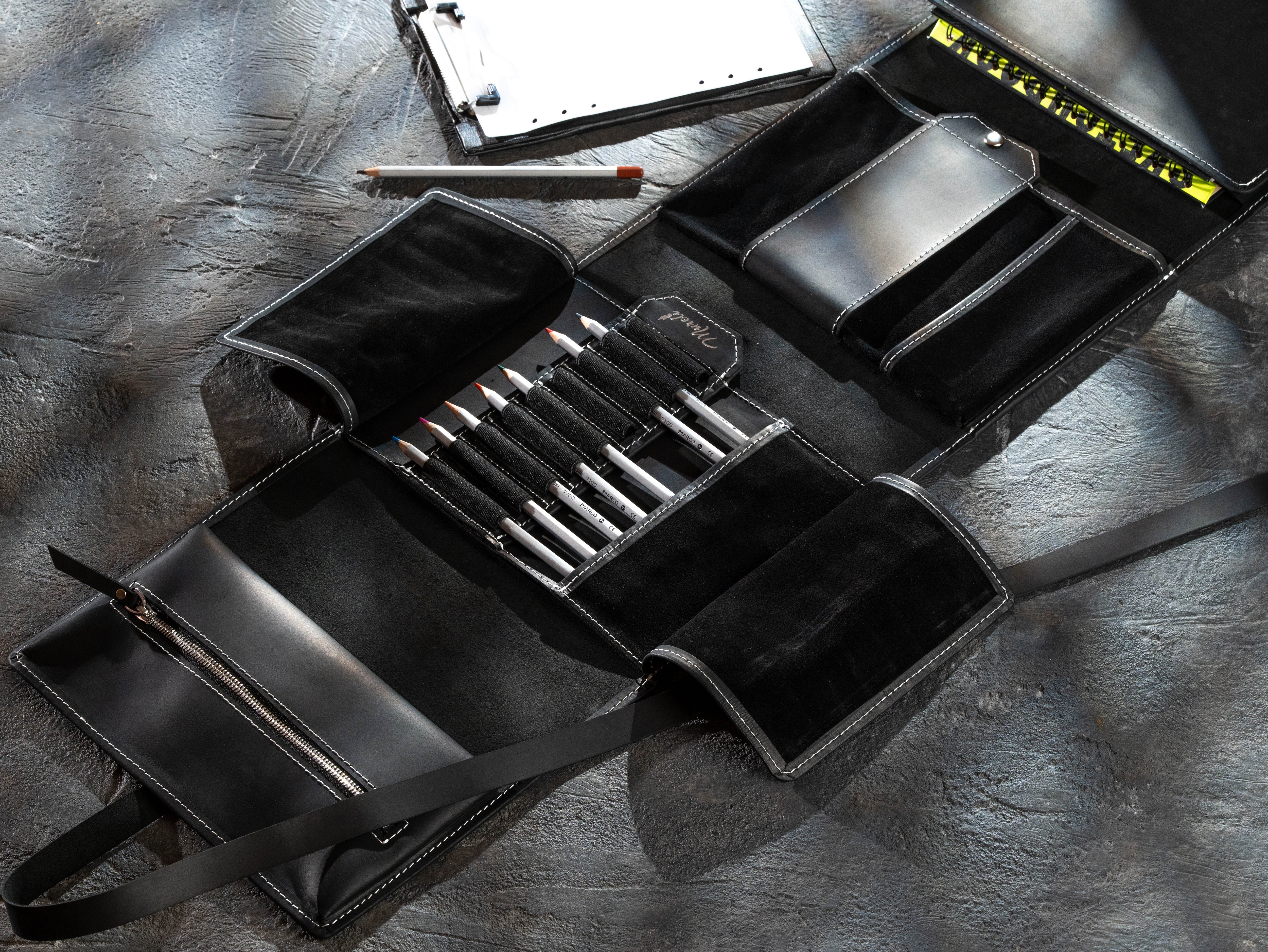 Expanded black leather organizer for sketchbooks, pencils, brushes and creative supplies