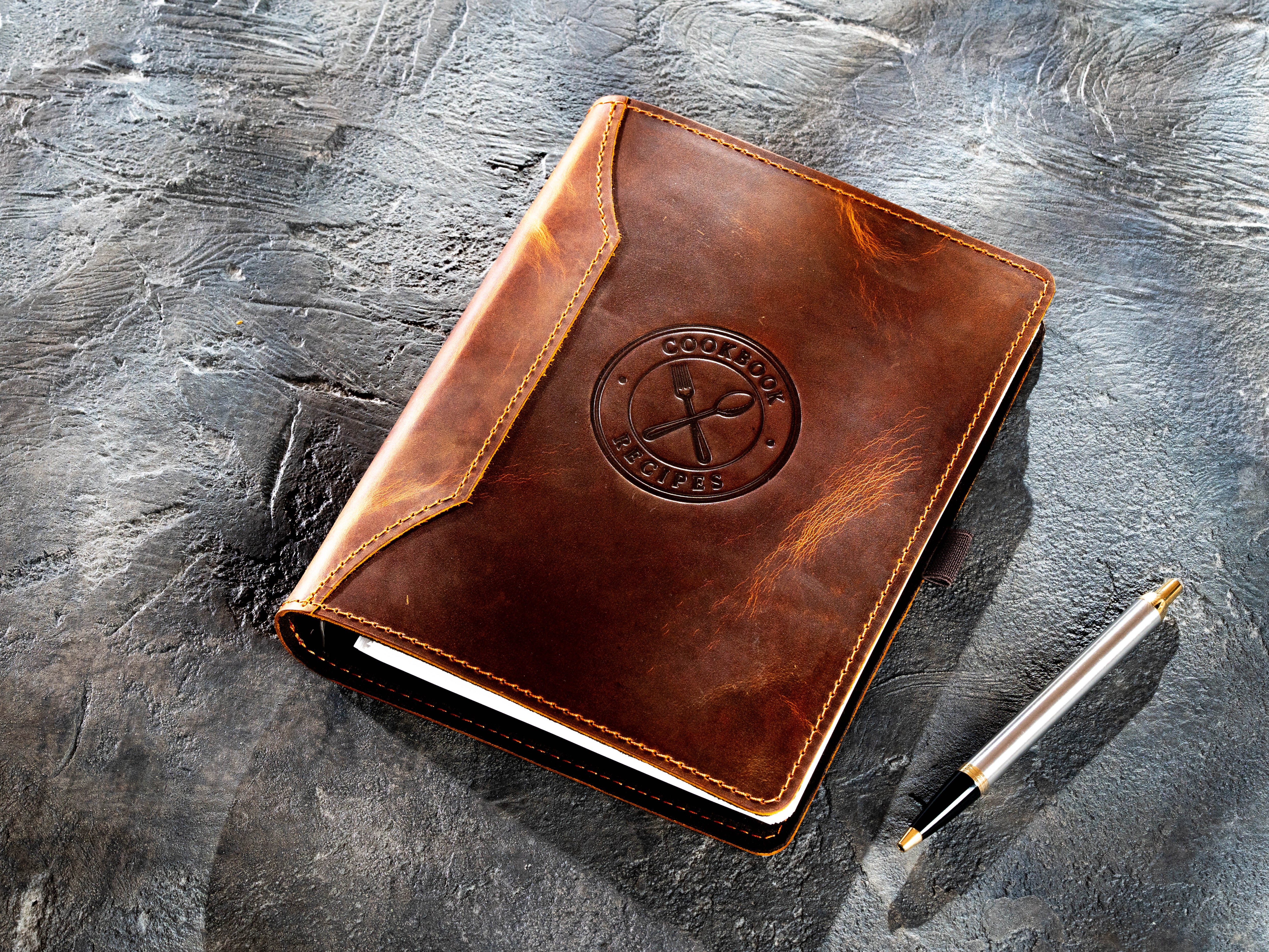 Chestnut leather recipe binder with embossed Cookbook Recipes design