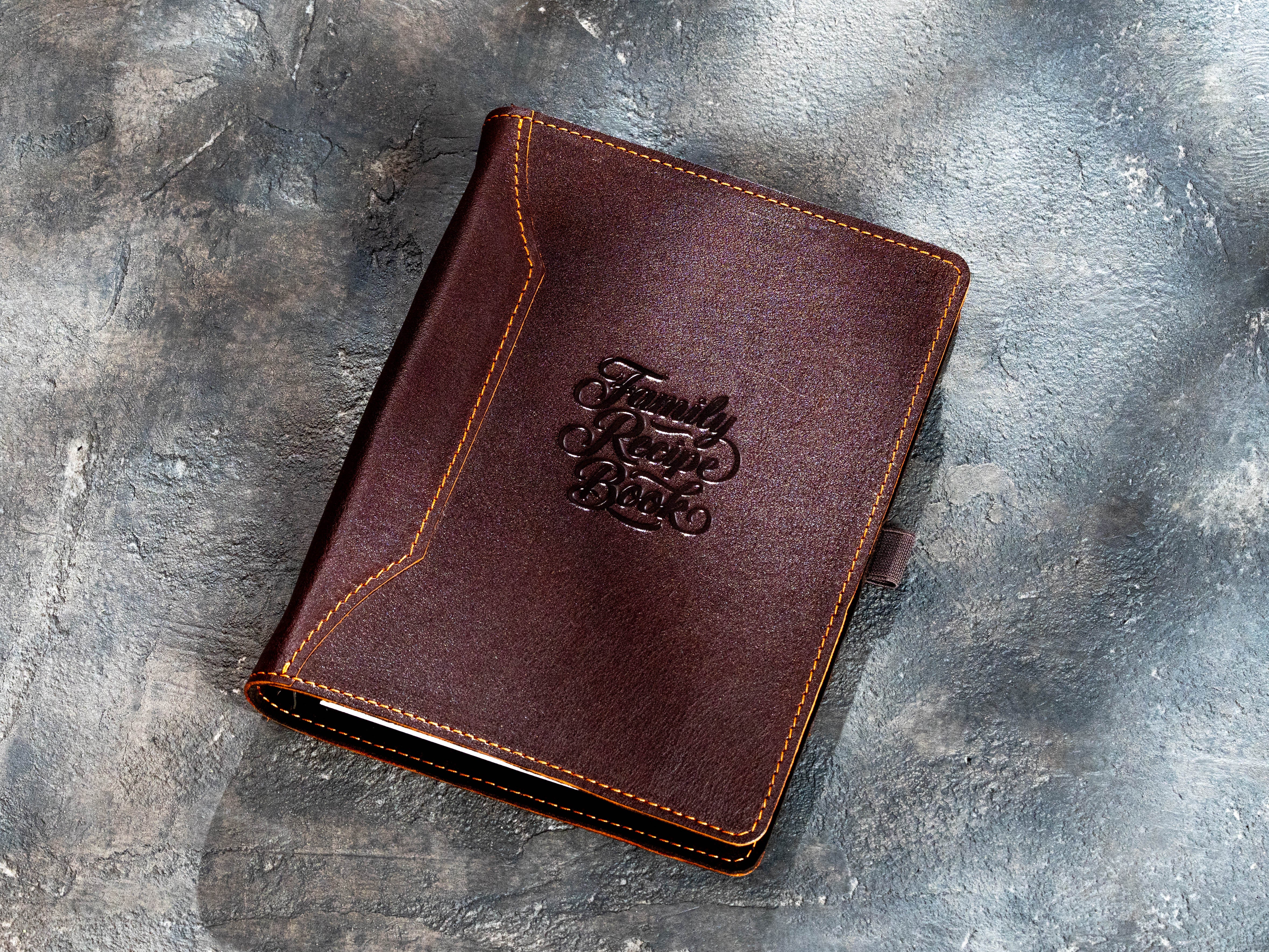 Dark brown leather A5 recipe binder with embossed Family Recipe Book design
