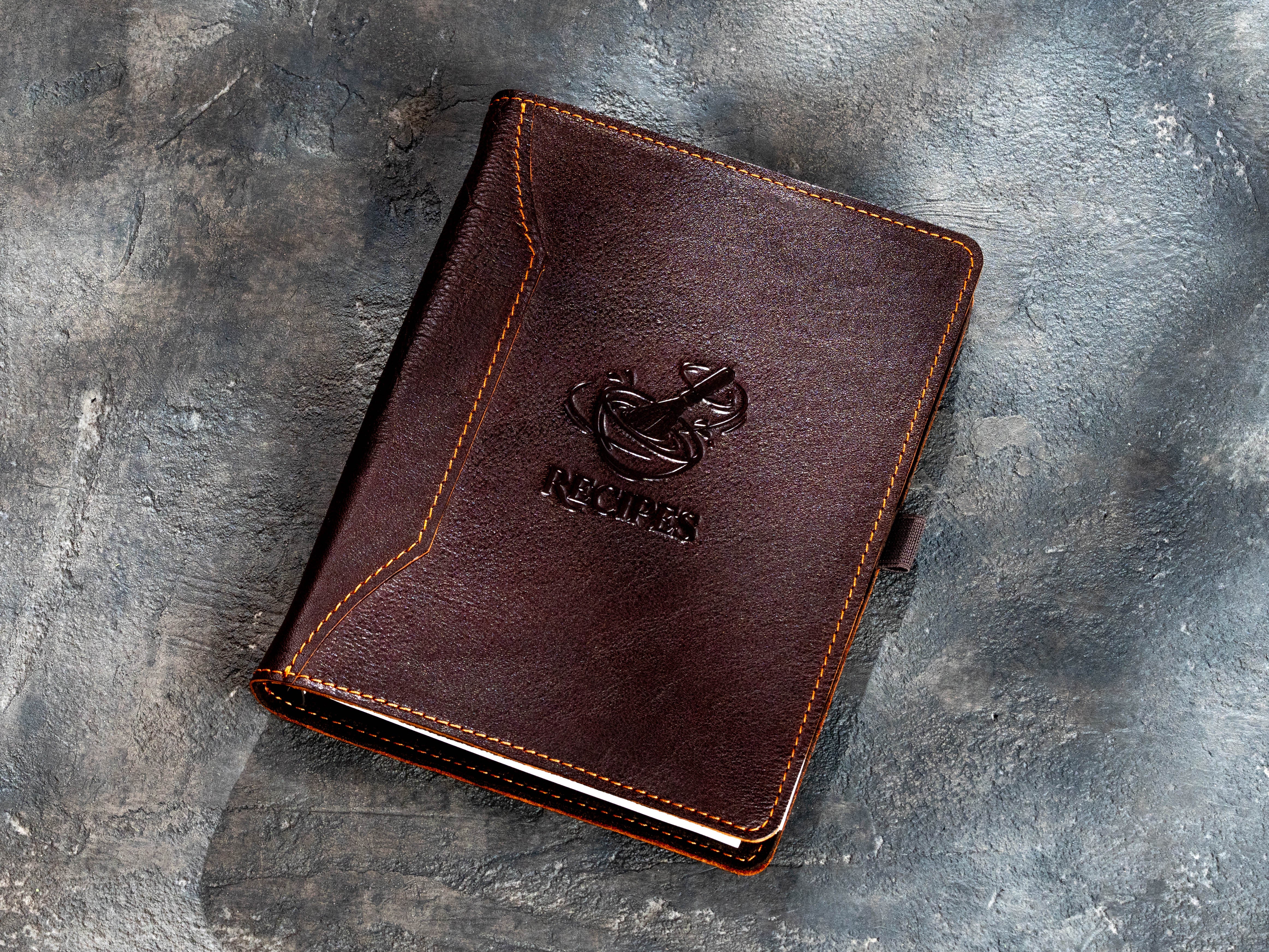 Dark brown leather A5 recipe organizer with embossed Recipes Design No. 4