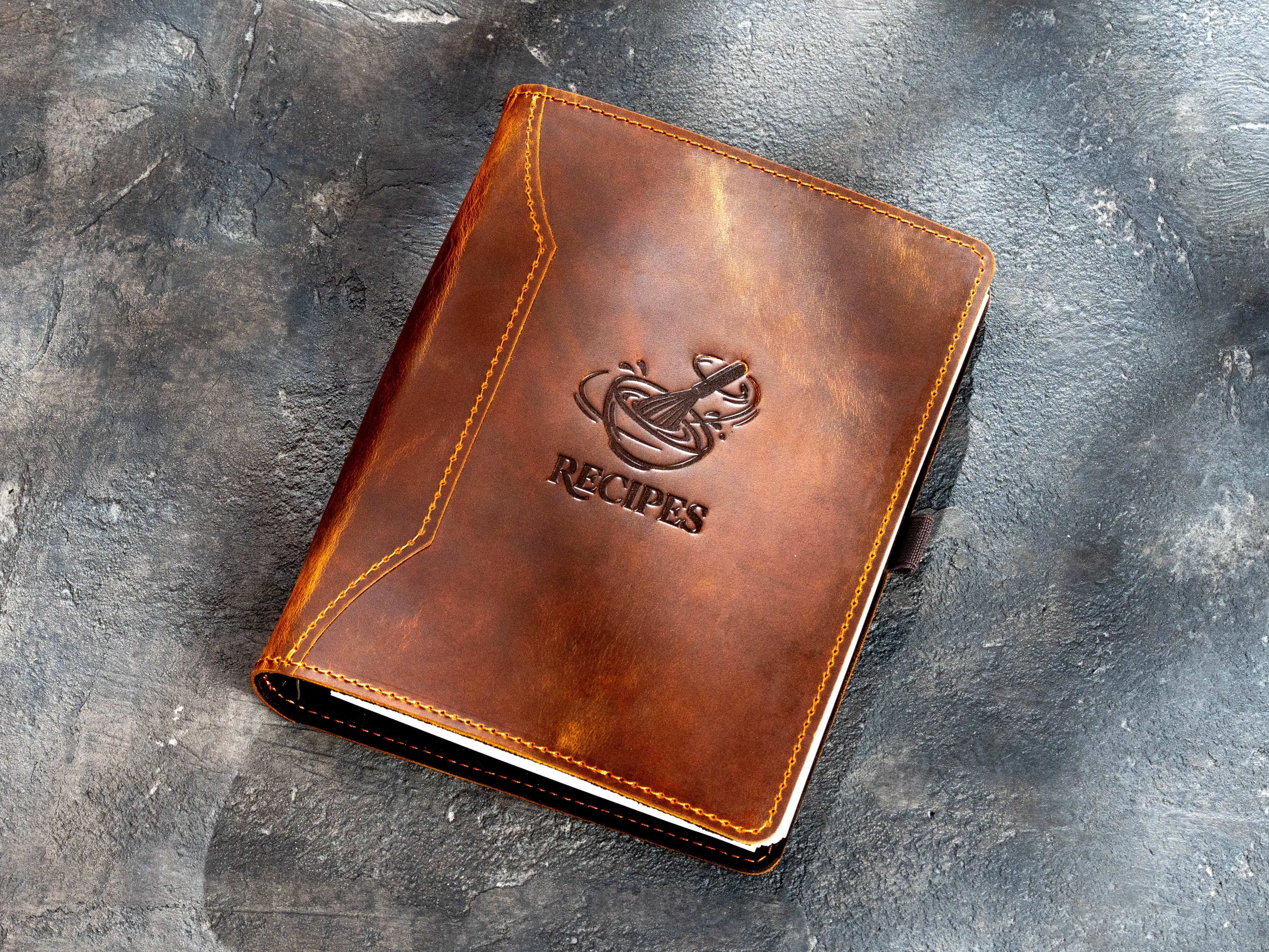 Chestnut leather A5 recipe binder with embossed Recipes Design No. 4
