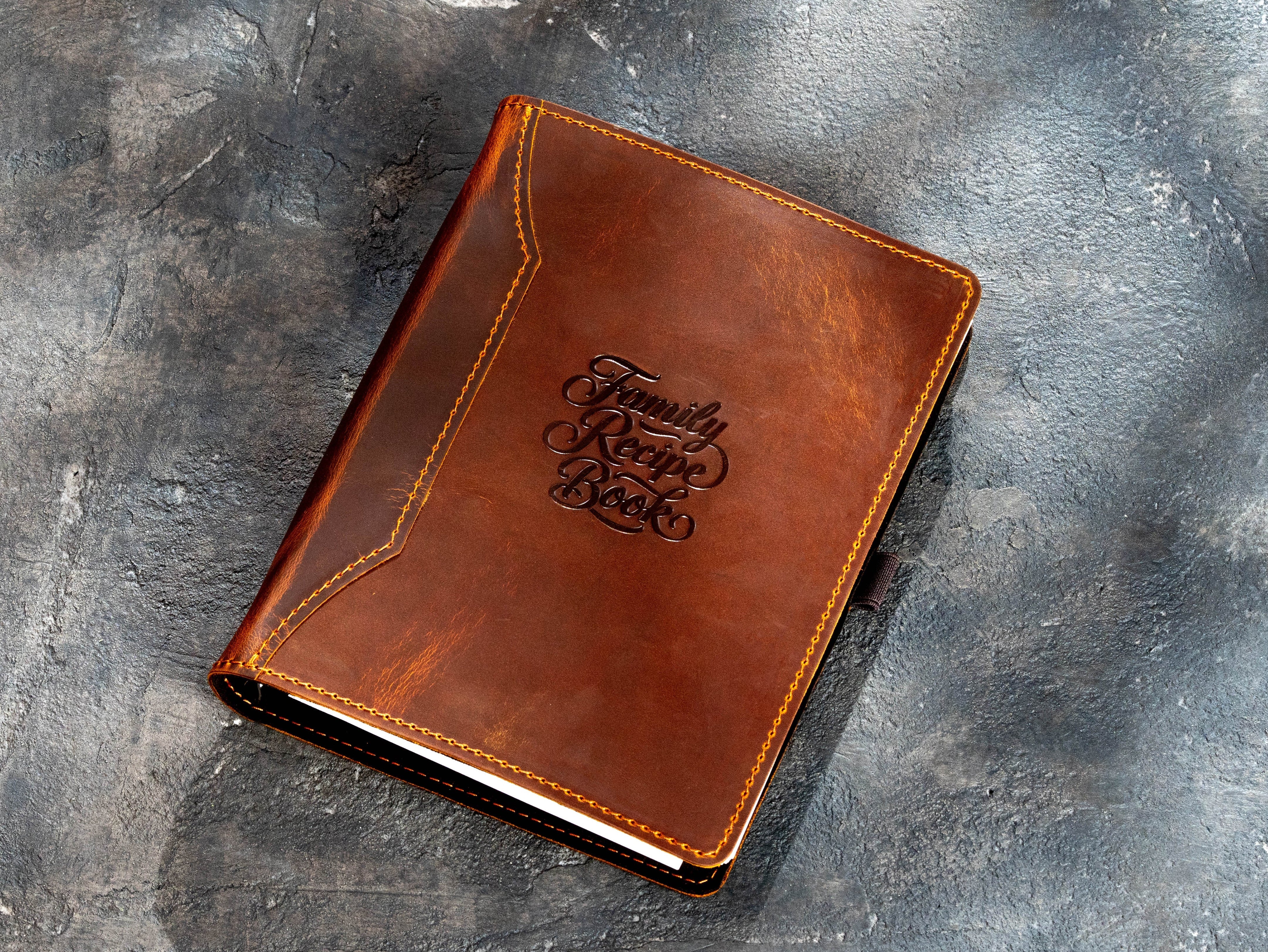 Chestnut leather A5 recipe binder with embossed Family Recipe Book Design No. 1
