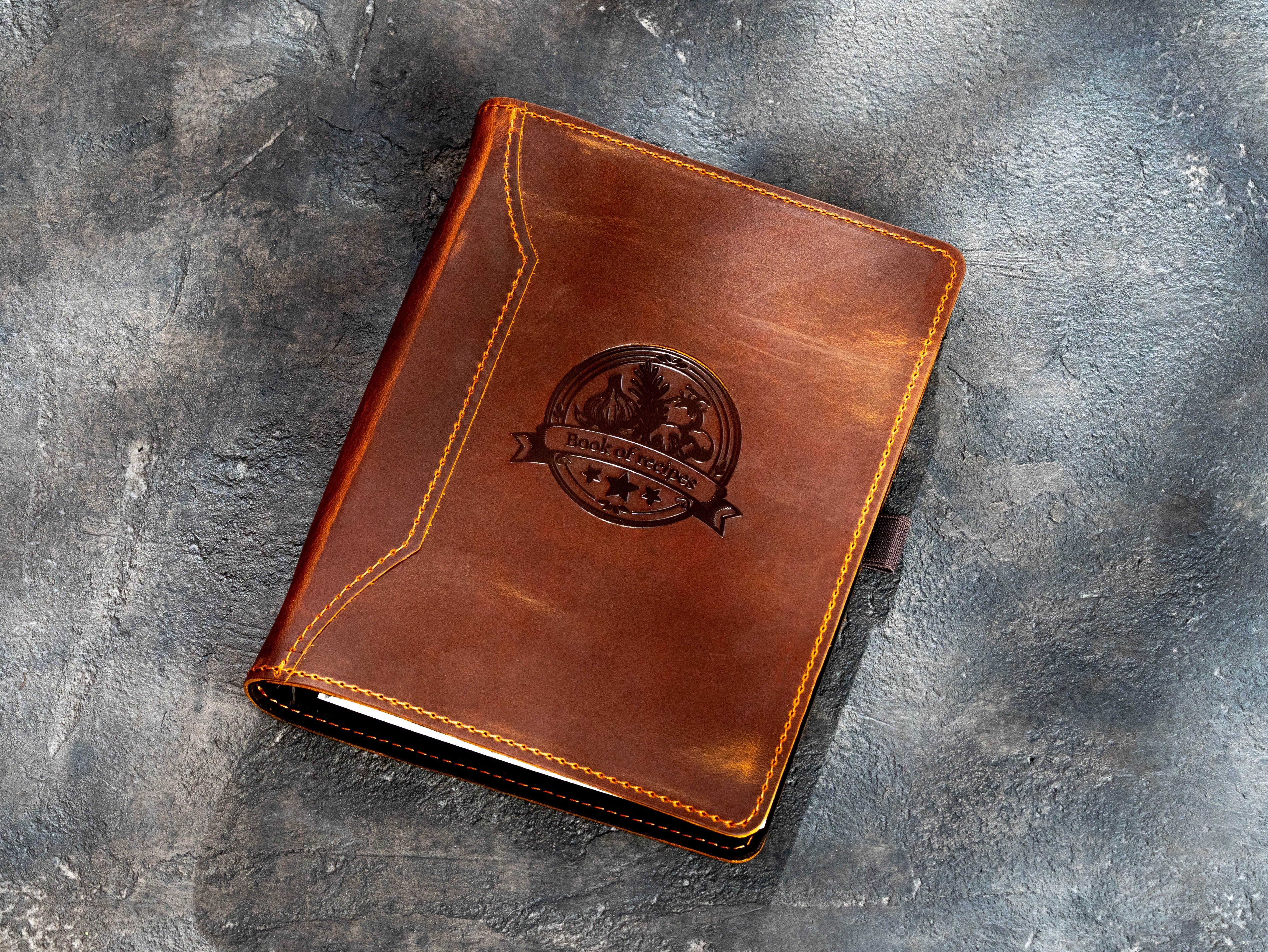Chestnut leather A5 recipe binder with embossed Book of Recipes Design No. 2