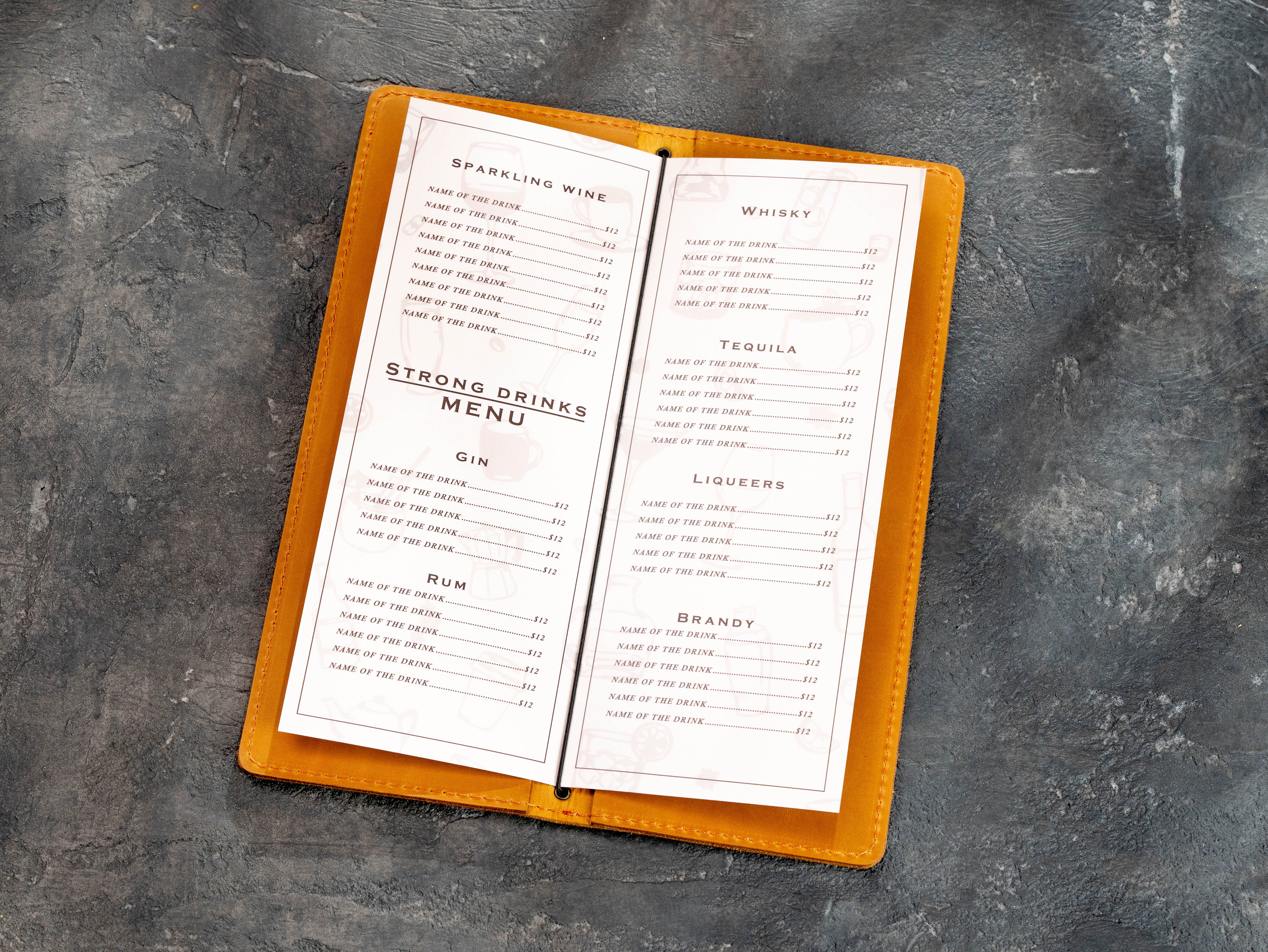Open yellow leather wine menu cover with elastic cord and folded drink menu pages