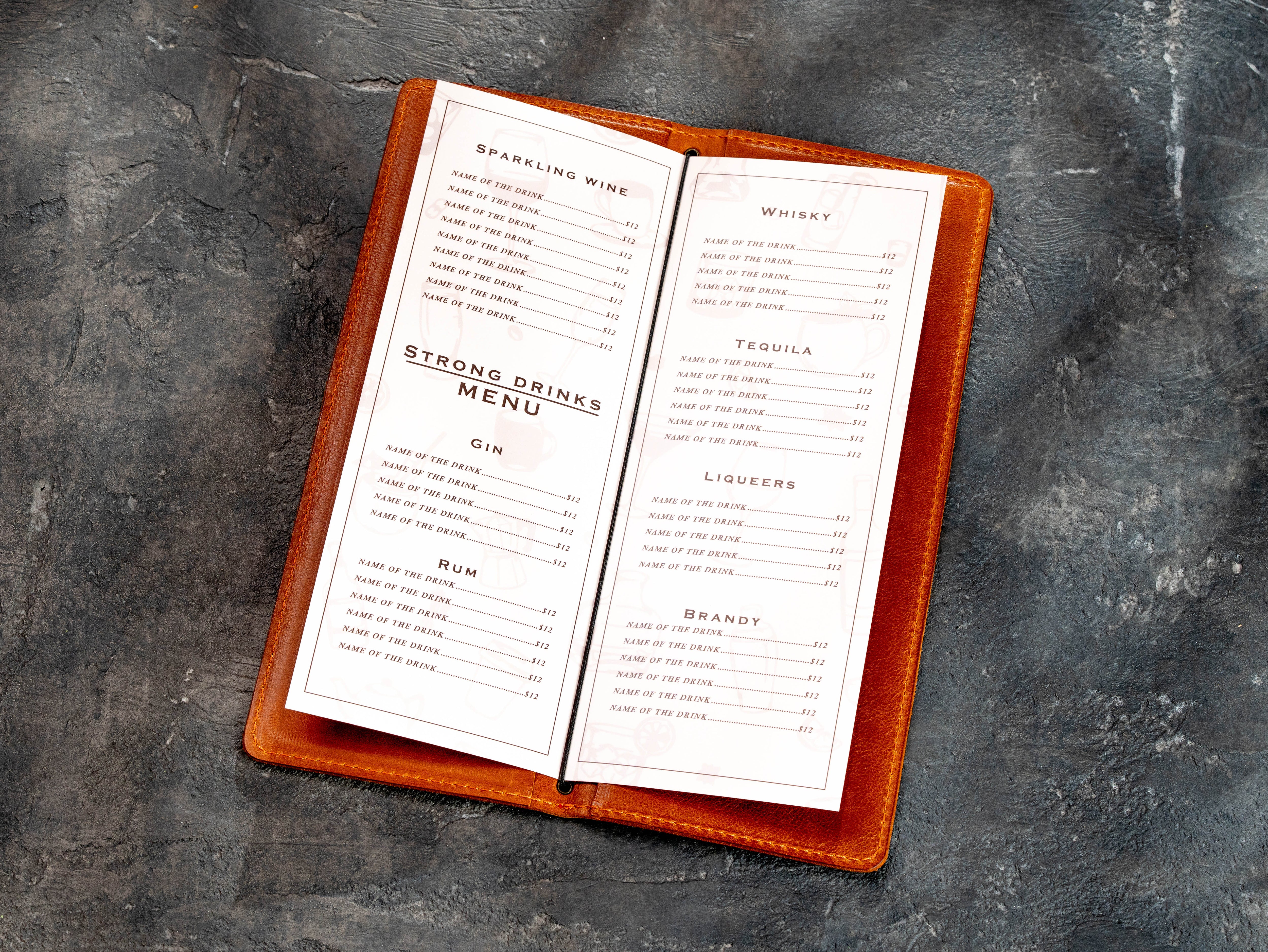 Cognac leather wine and bar menu cover with printed drink pages secured by an elastic cord