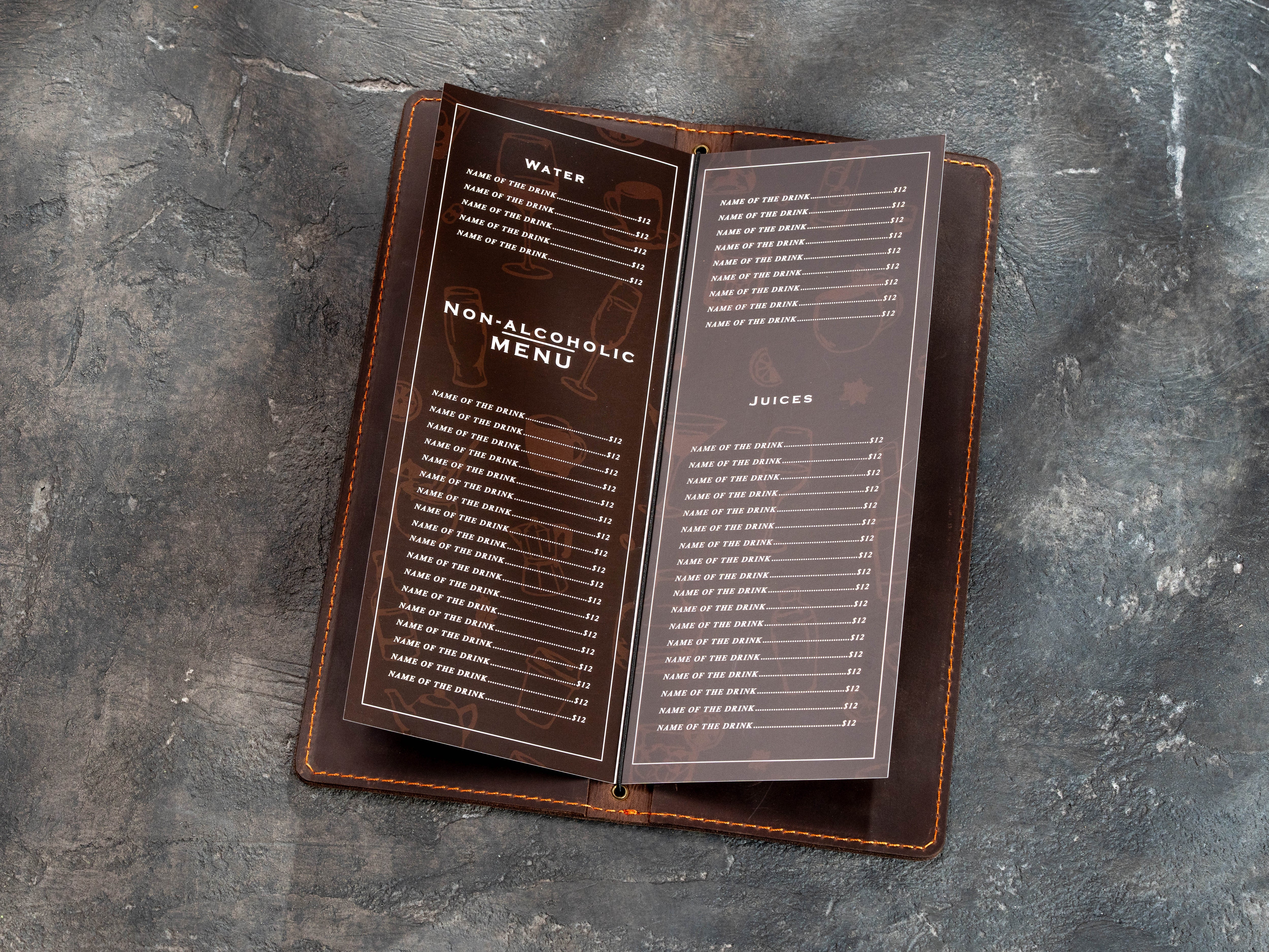 Chocolate Brown Leather Wine & Cocktail Menu Cover with Elastic Cord | Mureli