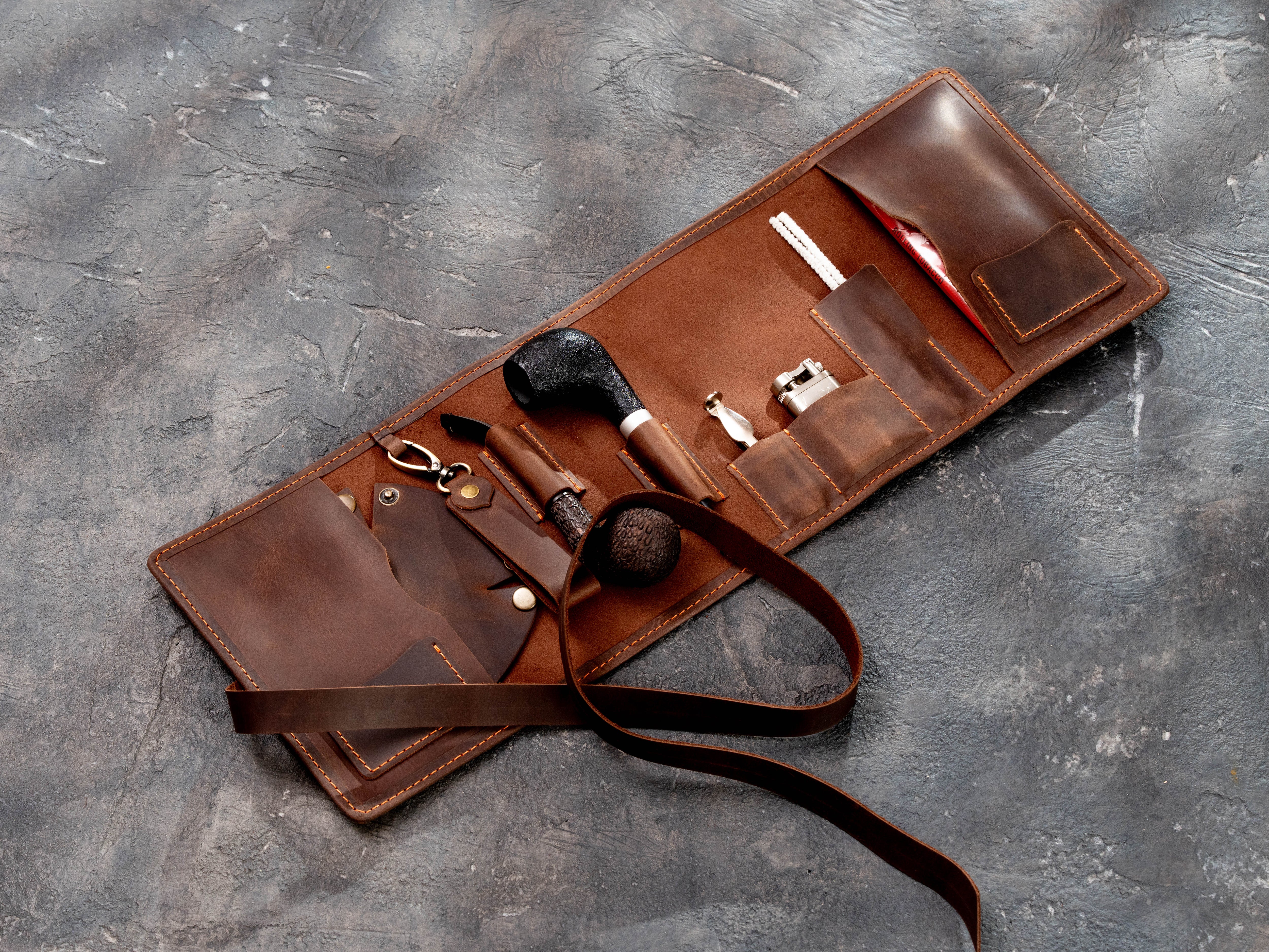 Brown Leather Smoking Pipe Organizer Roll with Pockets | Mureli