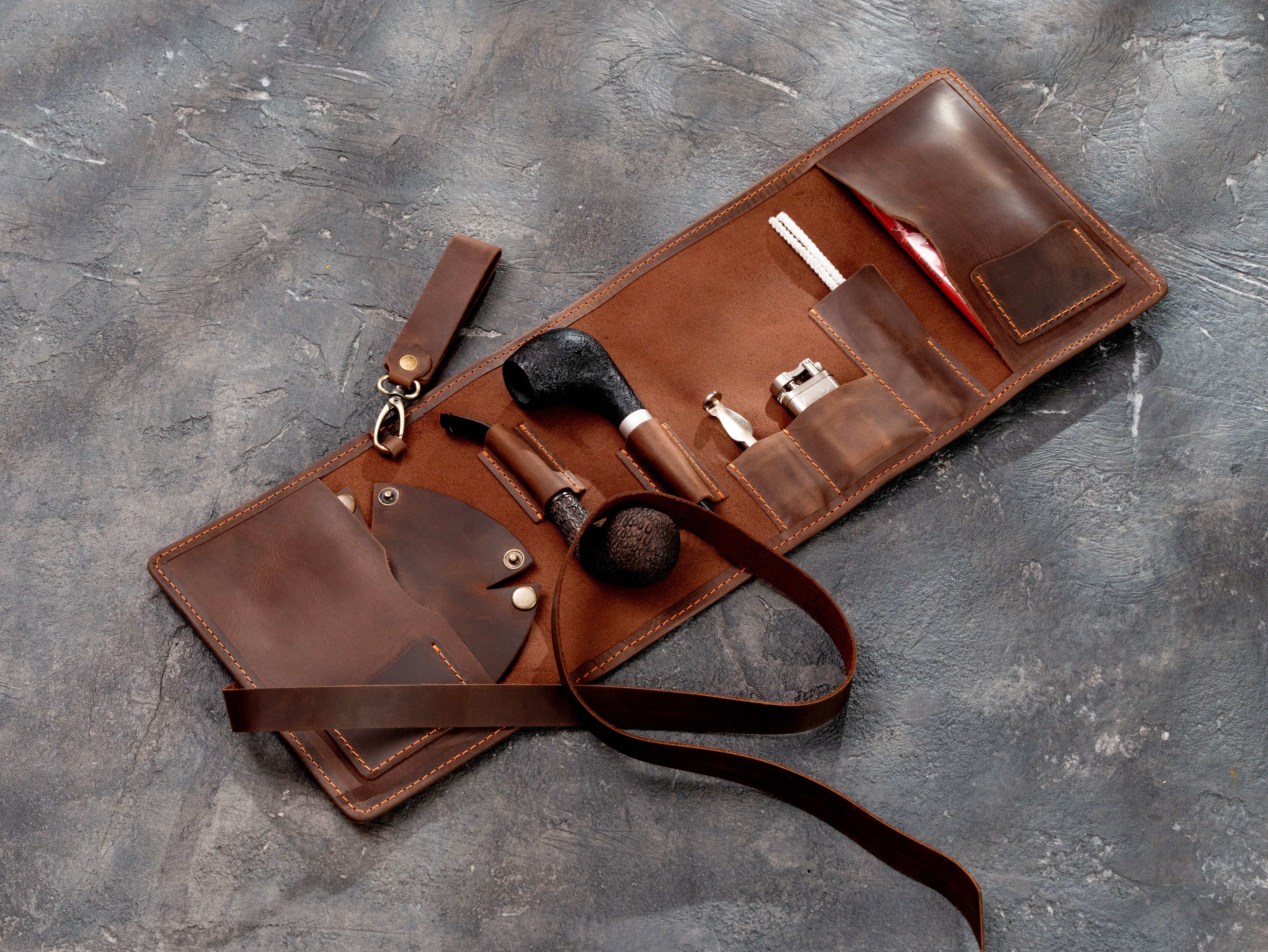 Brown Leather Smoking Pipe Organizer Roll with Pockets | Mureli