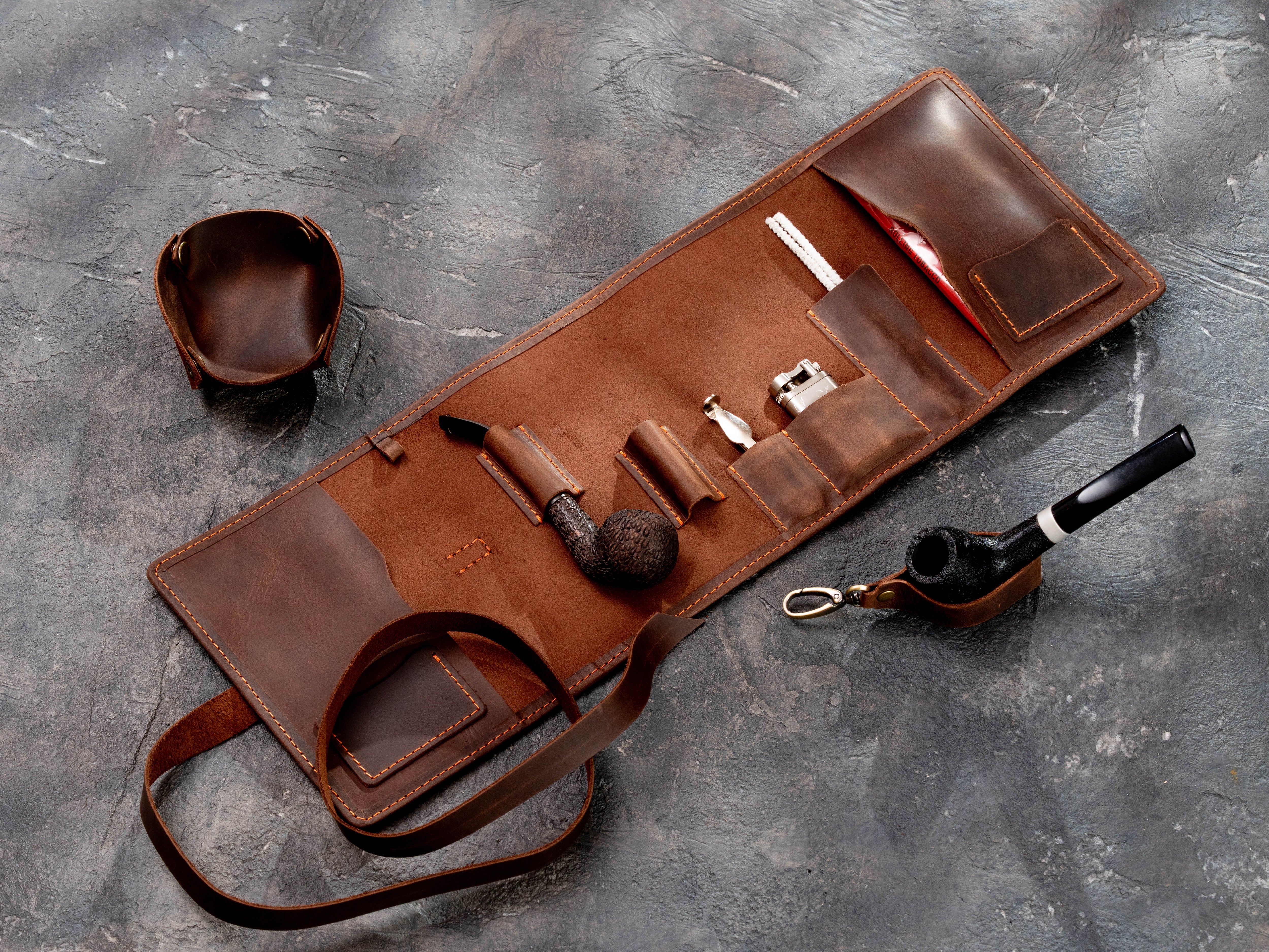 Brown Leather Smoking Pipe Organizer Roll with Pockets | Mureli