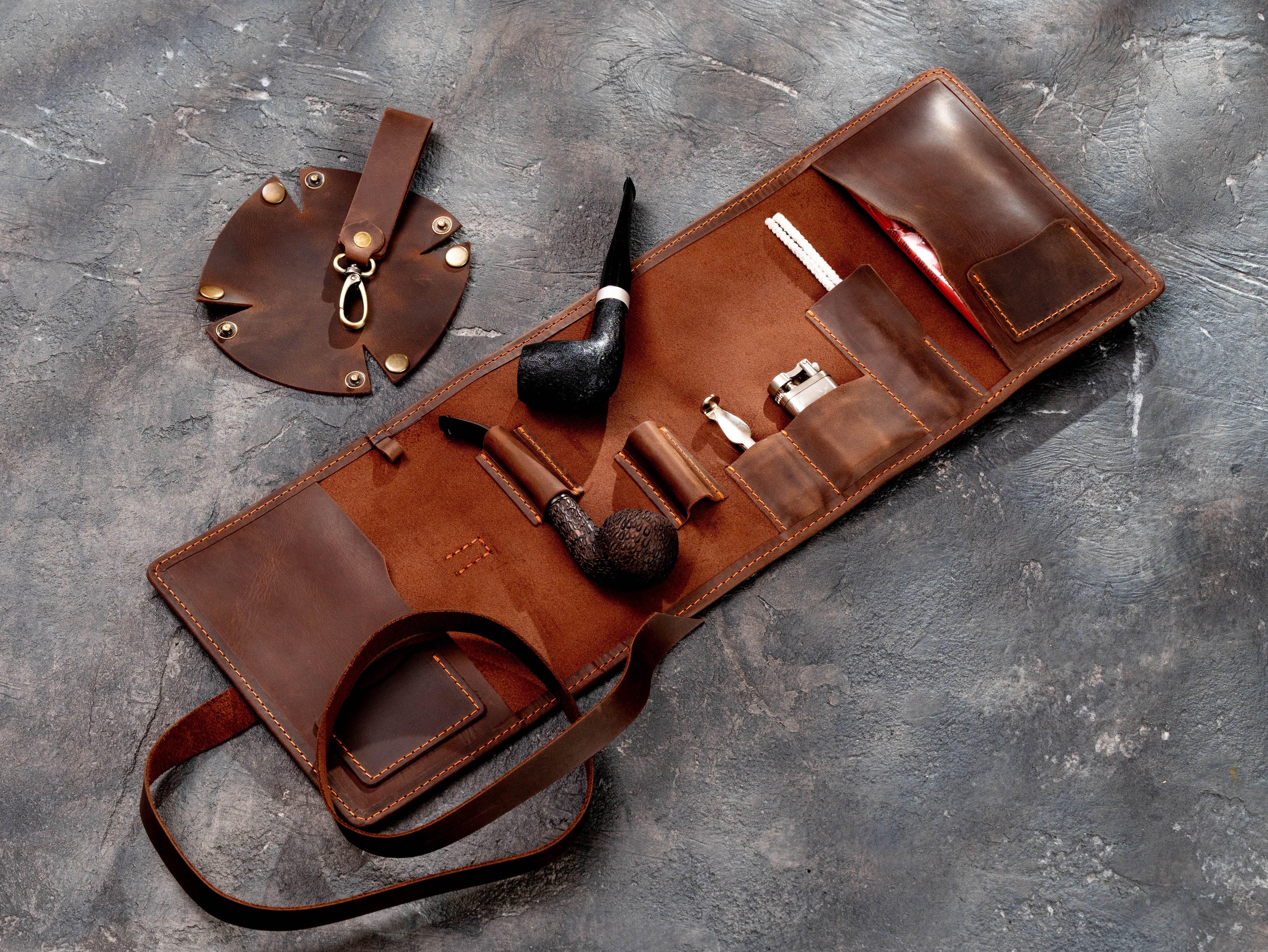 Brown Leather Smoking Pipe Organizer Roll with Pockets | Mureli