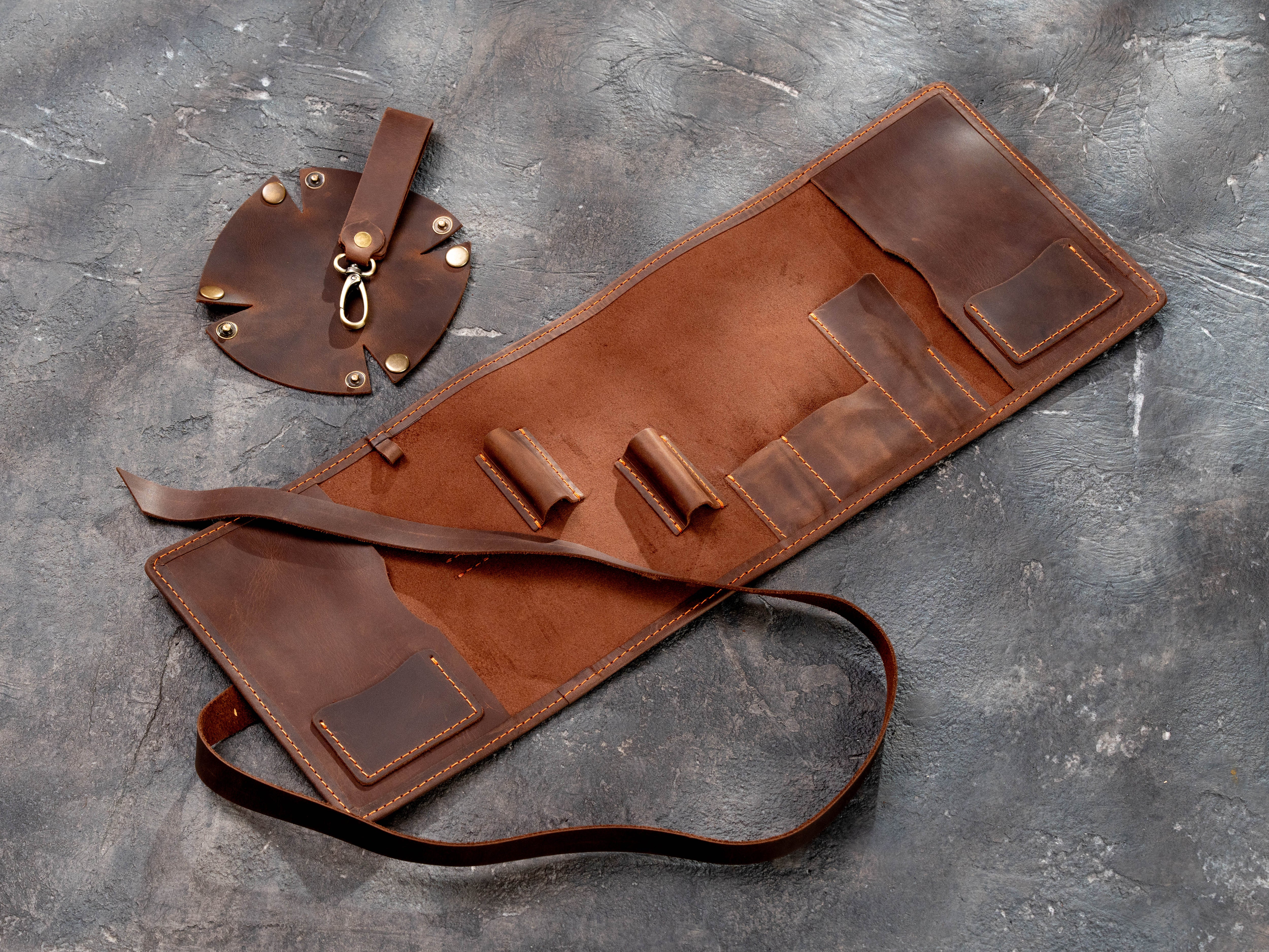 Brown Leather Smoking Pipe Organizer Roll with Pockets | Mureli