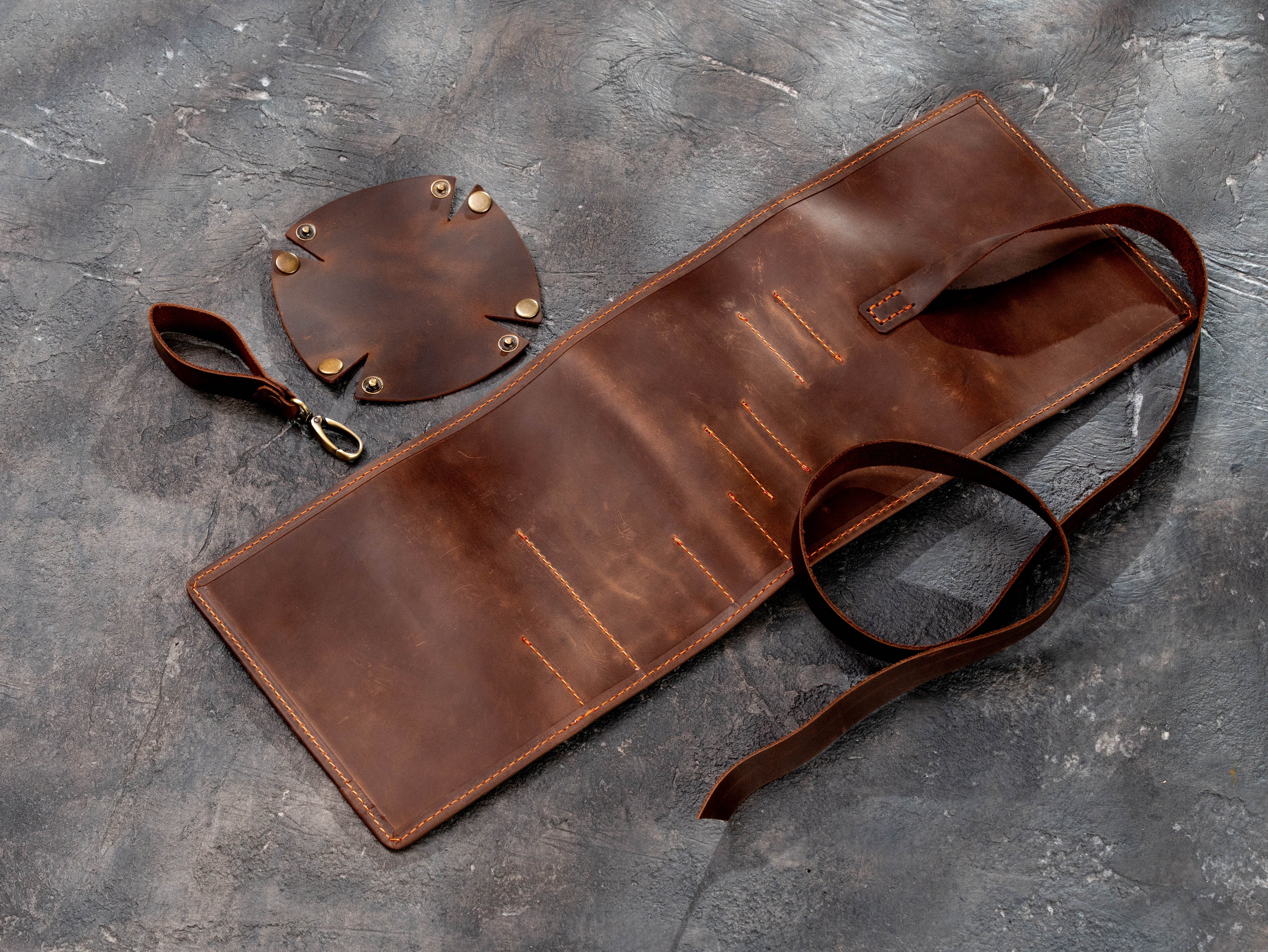 Brown Leather Smoking Pipe Organizer Roll with Pockets | Mureli