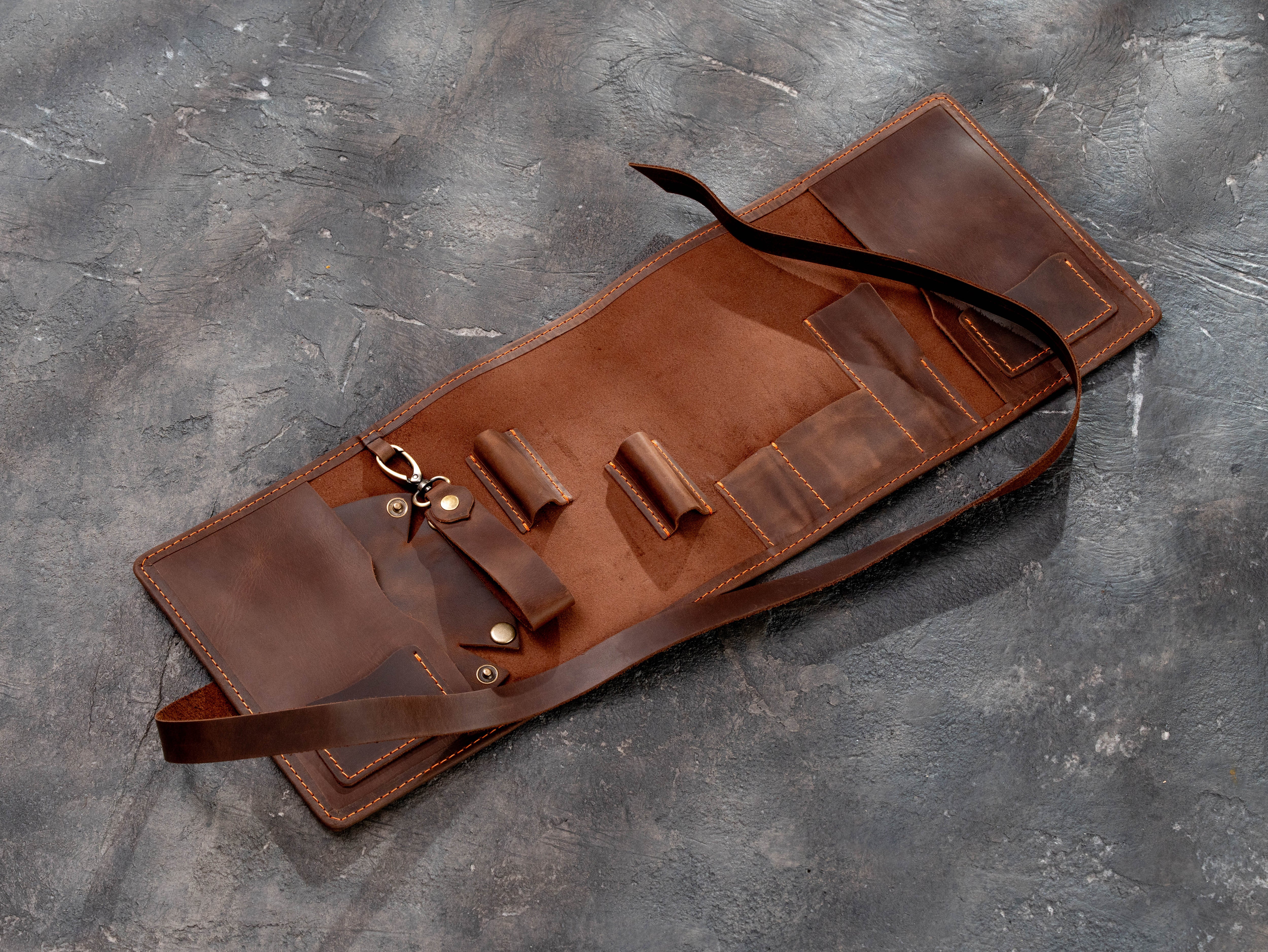 Brown Leather Smoking Pipe Organizer Roll with Pockets | Mureli