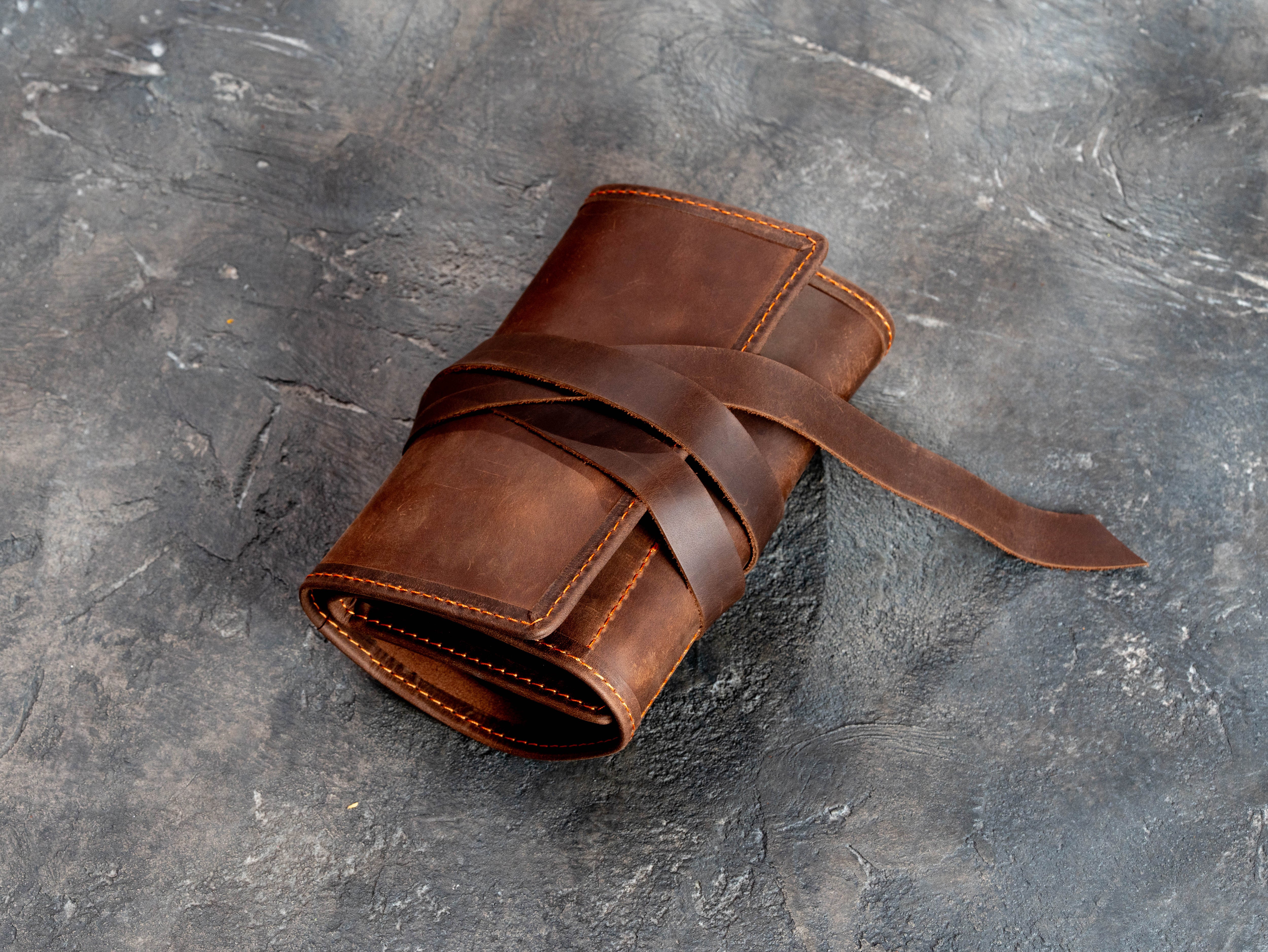 Brown Leather Smoking Pipe Organizer Roll with Pockets | Mureli