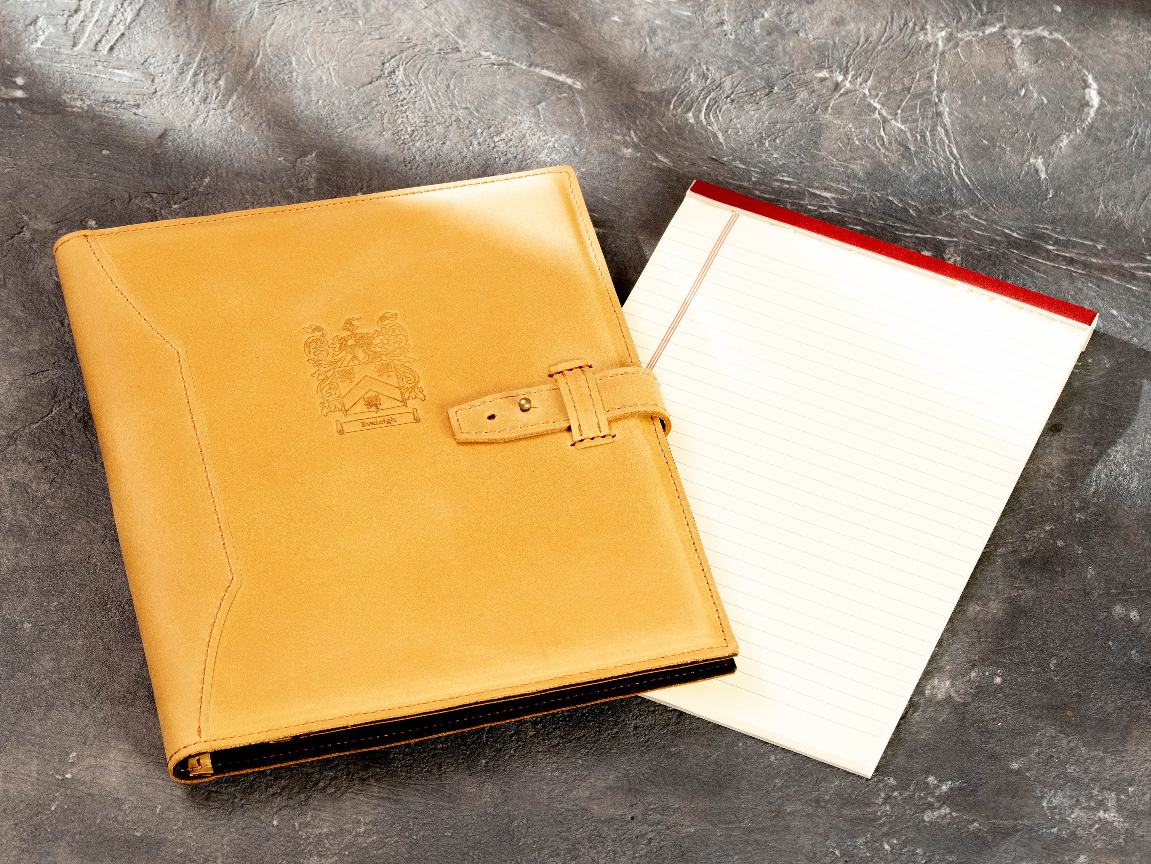 Wheat yellow leather portfolio with custom crest and Legal Pad 8.5 x 11.75 inch insert