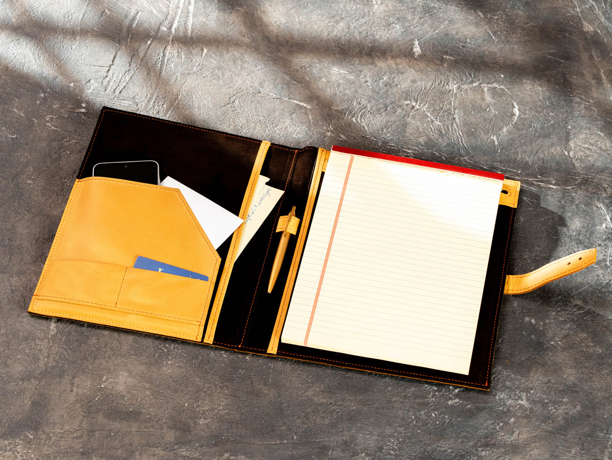 leather business portfolio with organized pockets, pen holder and Legal Pad
