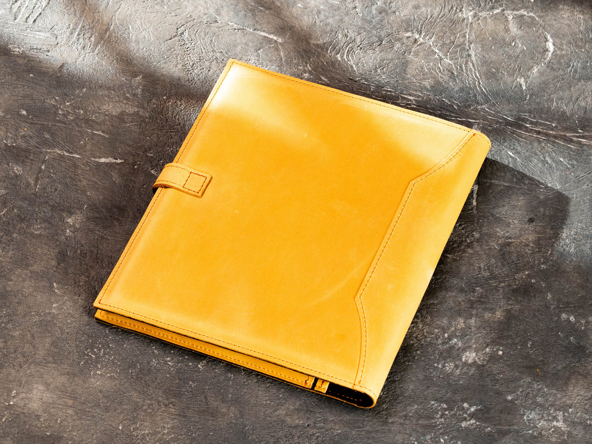 back side of leather portfolio yellow leather Mureli