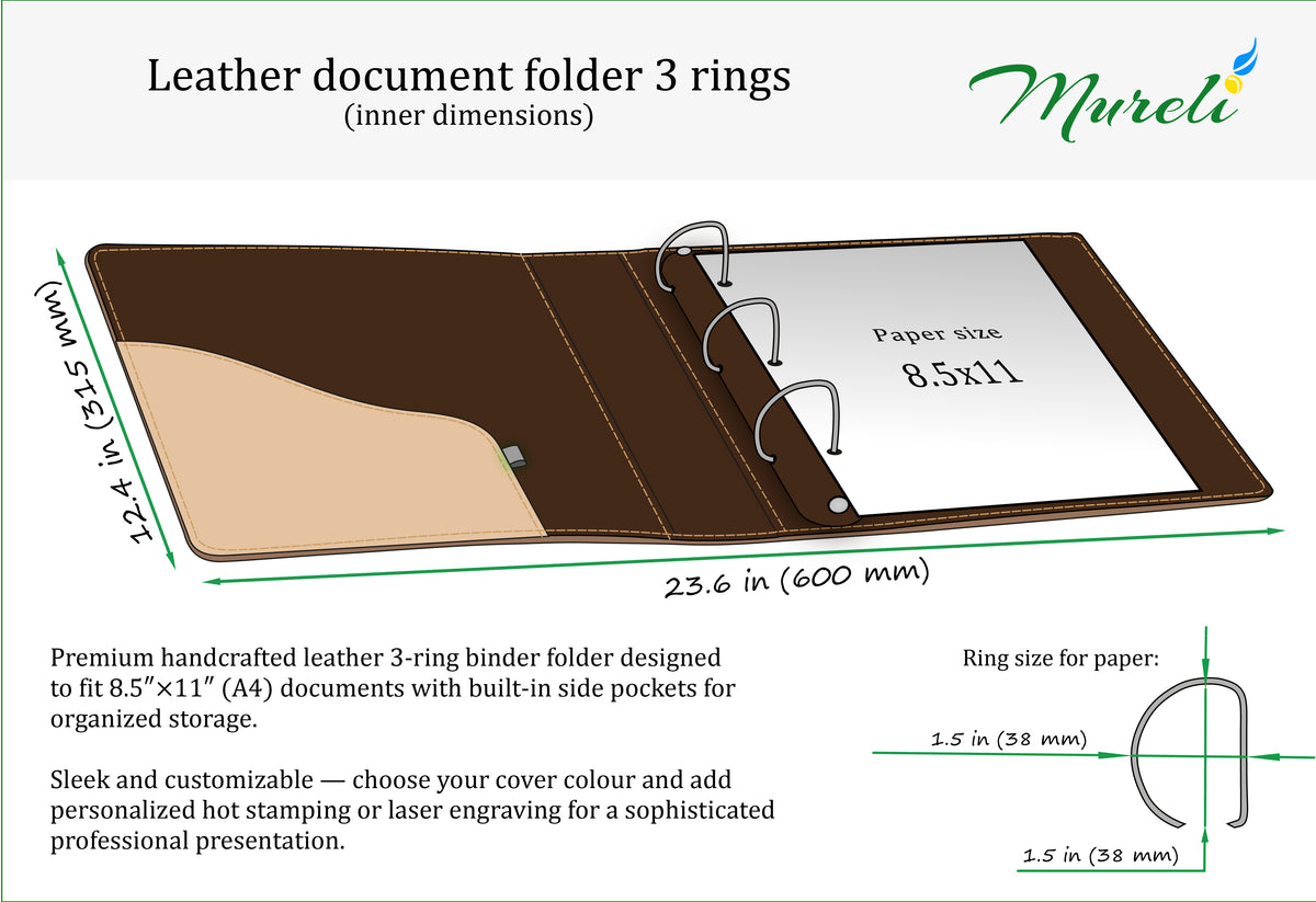 Natural Sand Leather Home Archive Binder with 1.6 Inch D-Rings for 8.5 x 11 Paper | Mureli