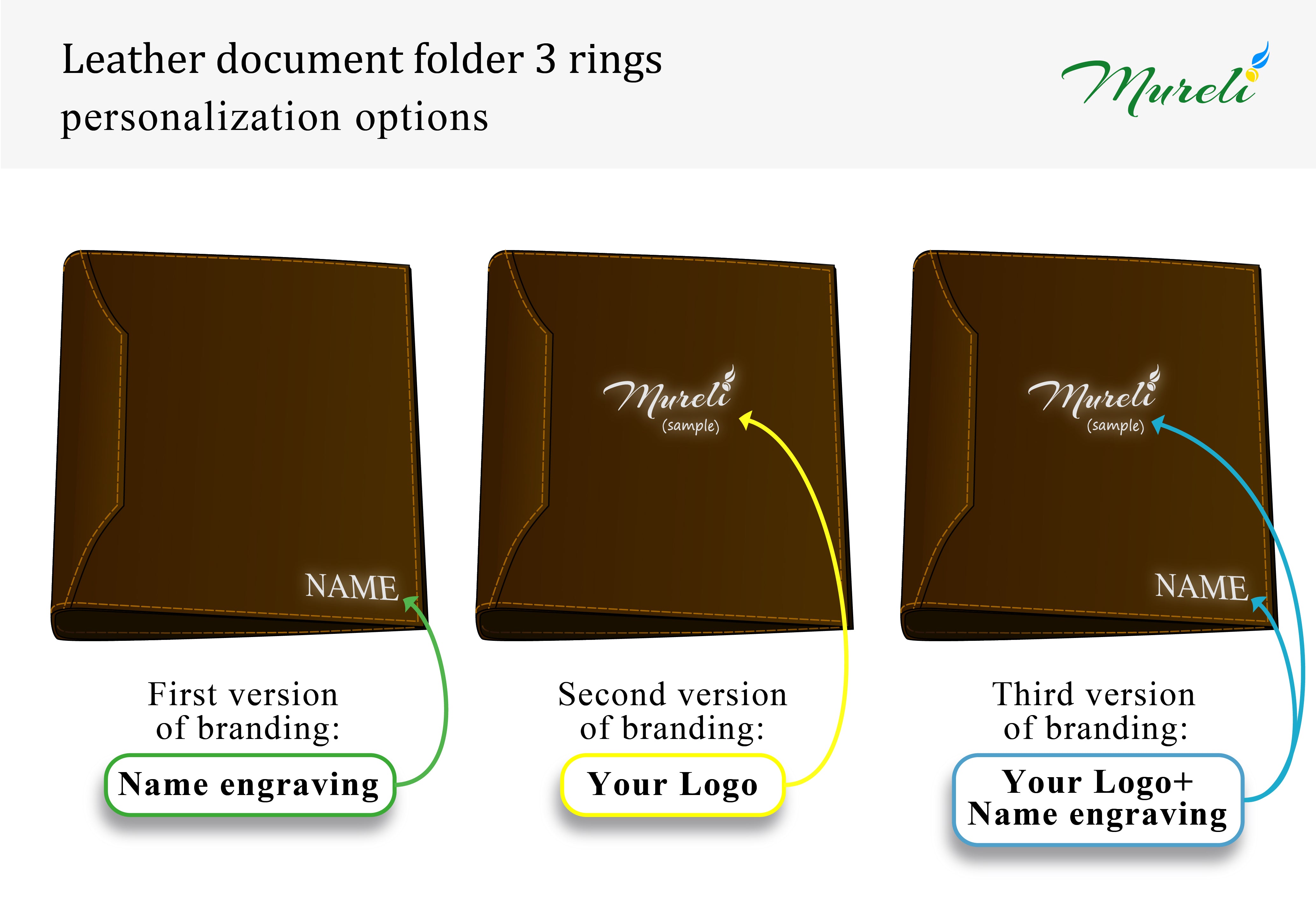 Personalization options for brown leather corporate 3-ring binder with custom name, company logo, or logo and individual name