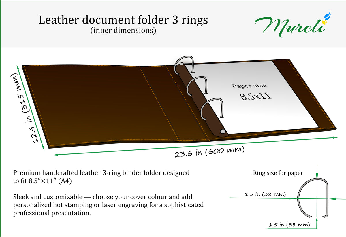 Brown leather 3-ring binder dimensions for 8.5 x 11 documents with 1.5 inch D-ring mechanism and suede interior