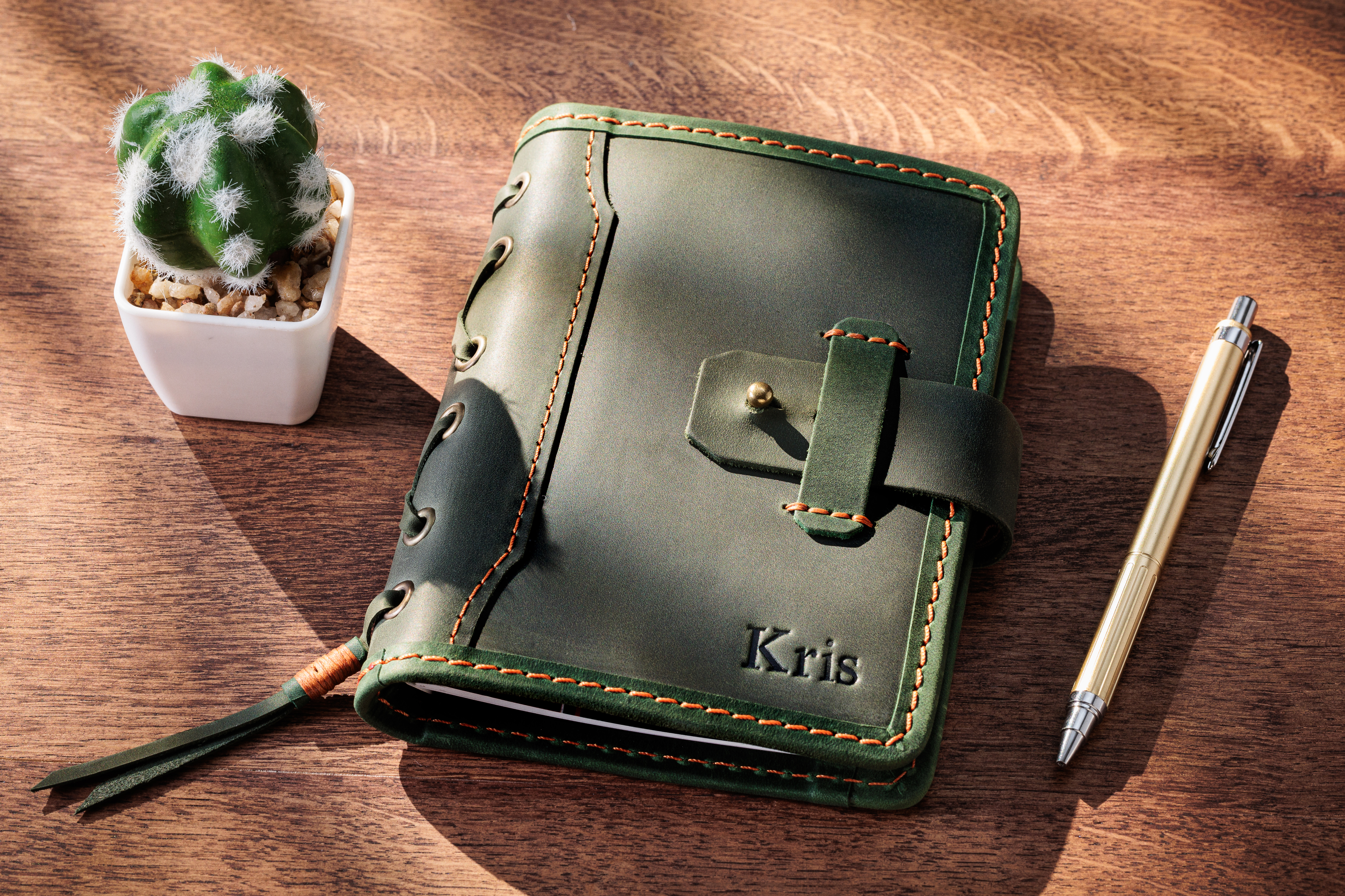 Green Personalized Leather Mini Sketchbook Set — A6 Landscape — Mini Pocket-Size