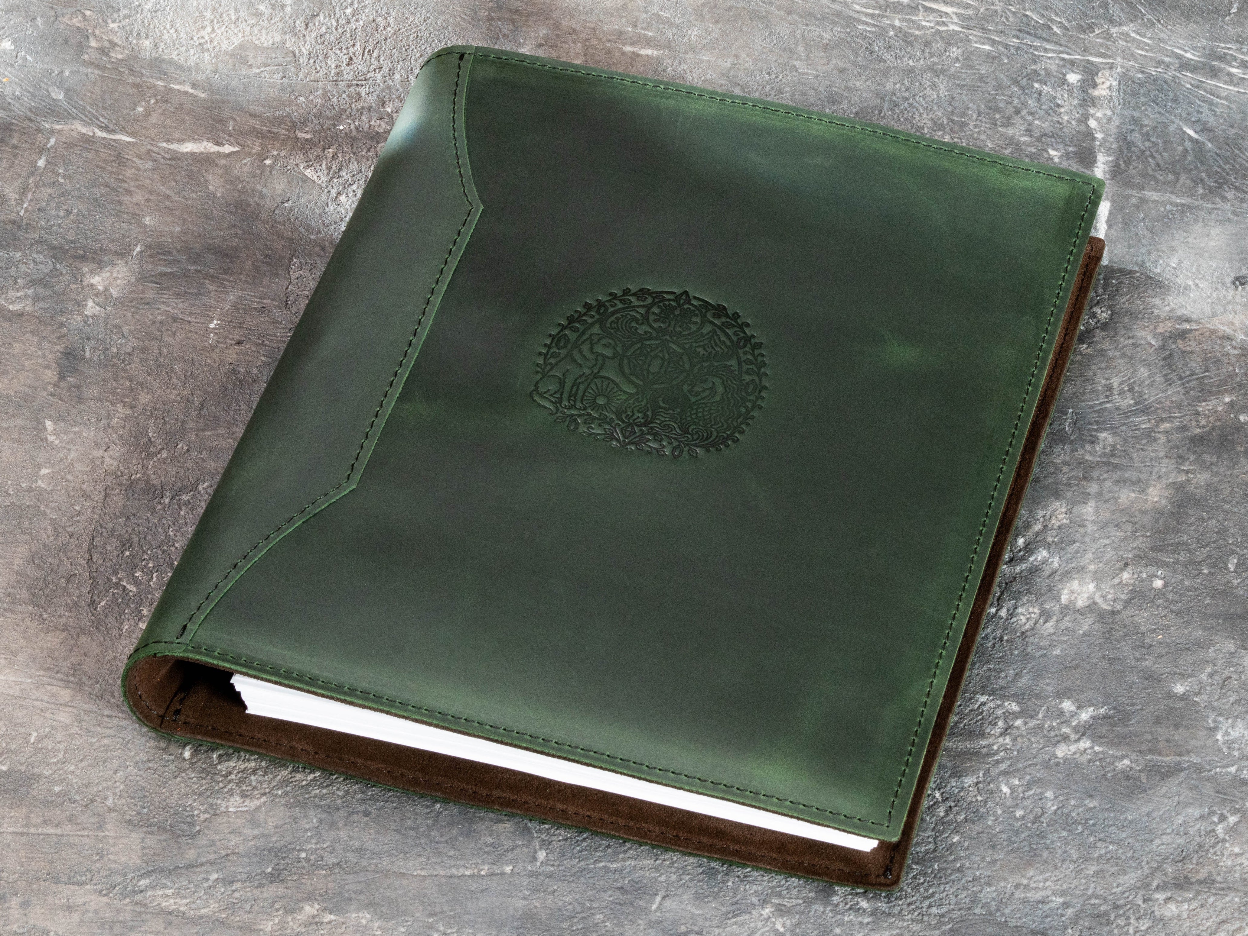 Personalized green leather keepsake binder for children’s drawings, stories and family memories