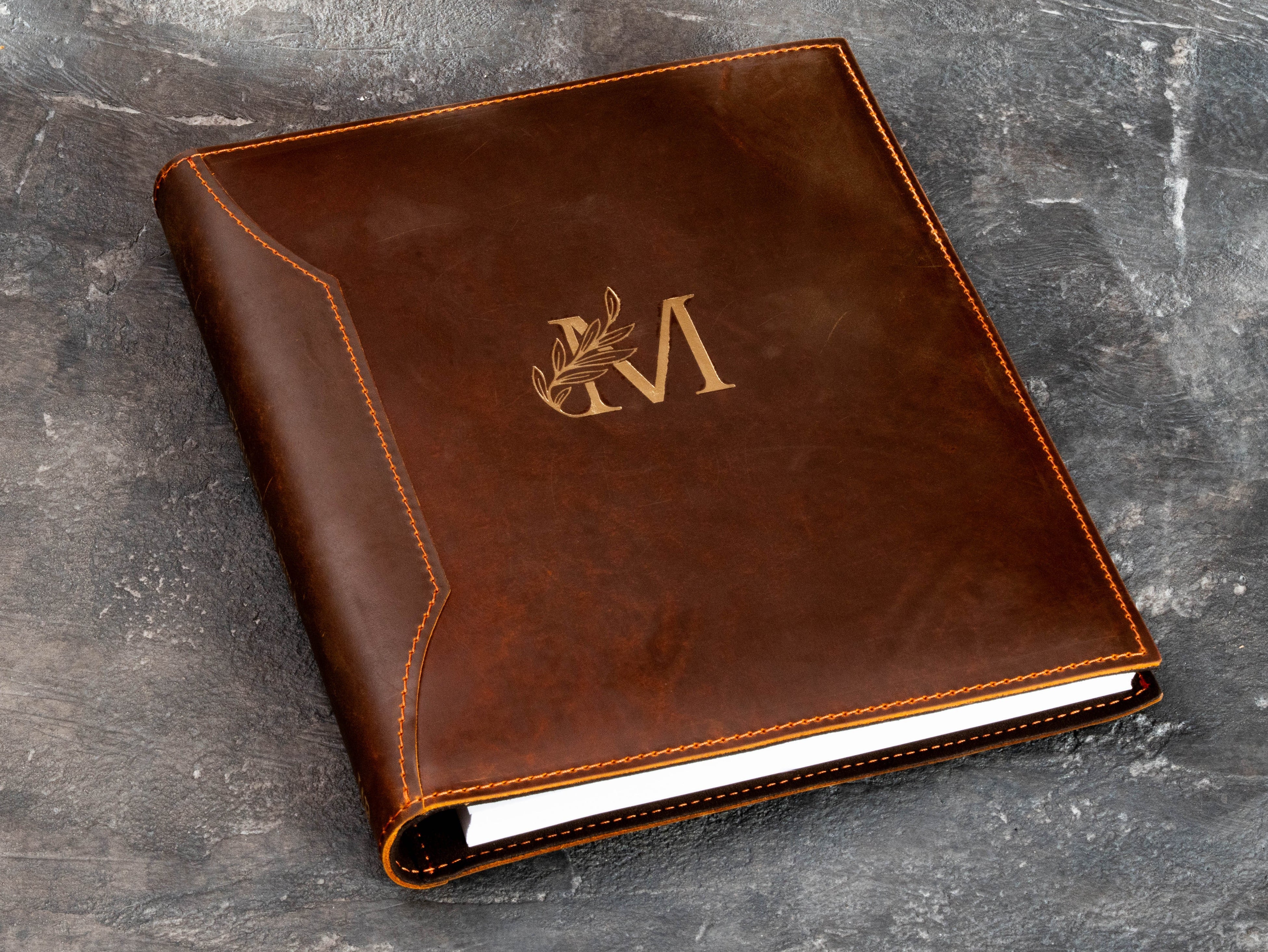 Personalized leather memory binder with gold monogram and custom stamping example