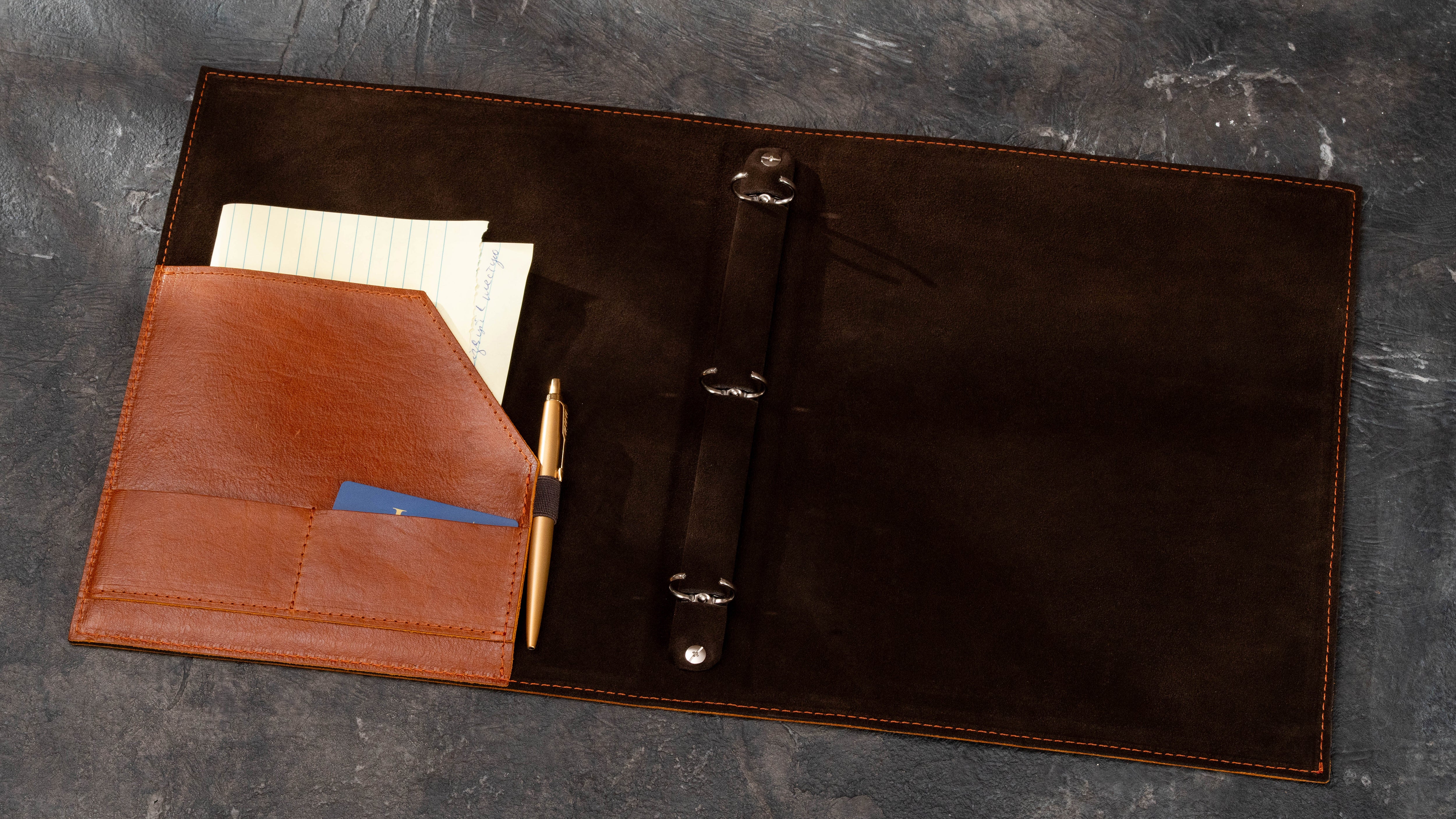 Professional leather broker binder with 3-ring mechanism, interior organizer pocket, business card storage and pen holder